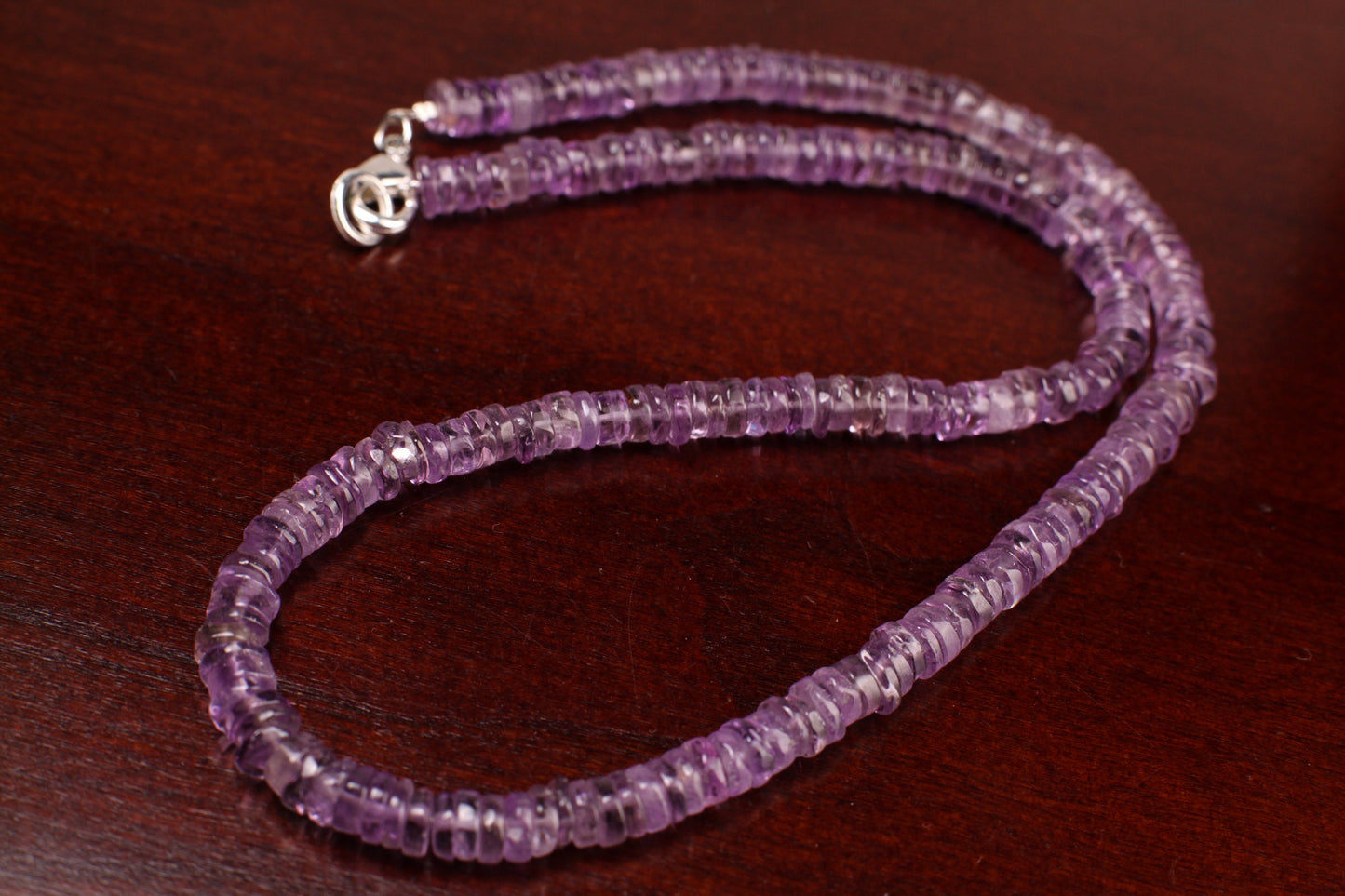 Natural Pink Amethyst Smooth Heishi 5.5-6mm gemstone silver necklace.Protection healing detoxifying gems