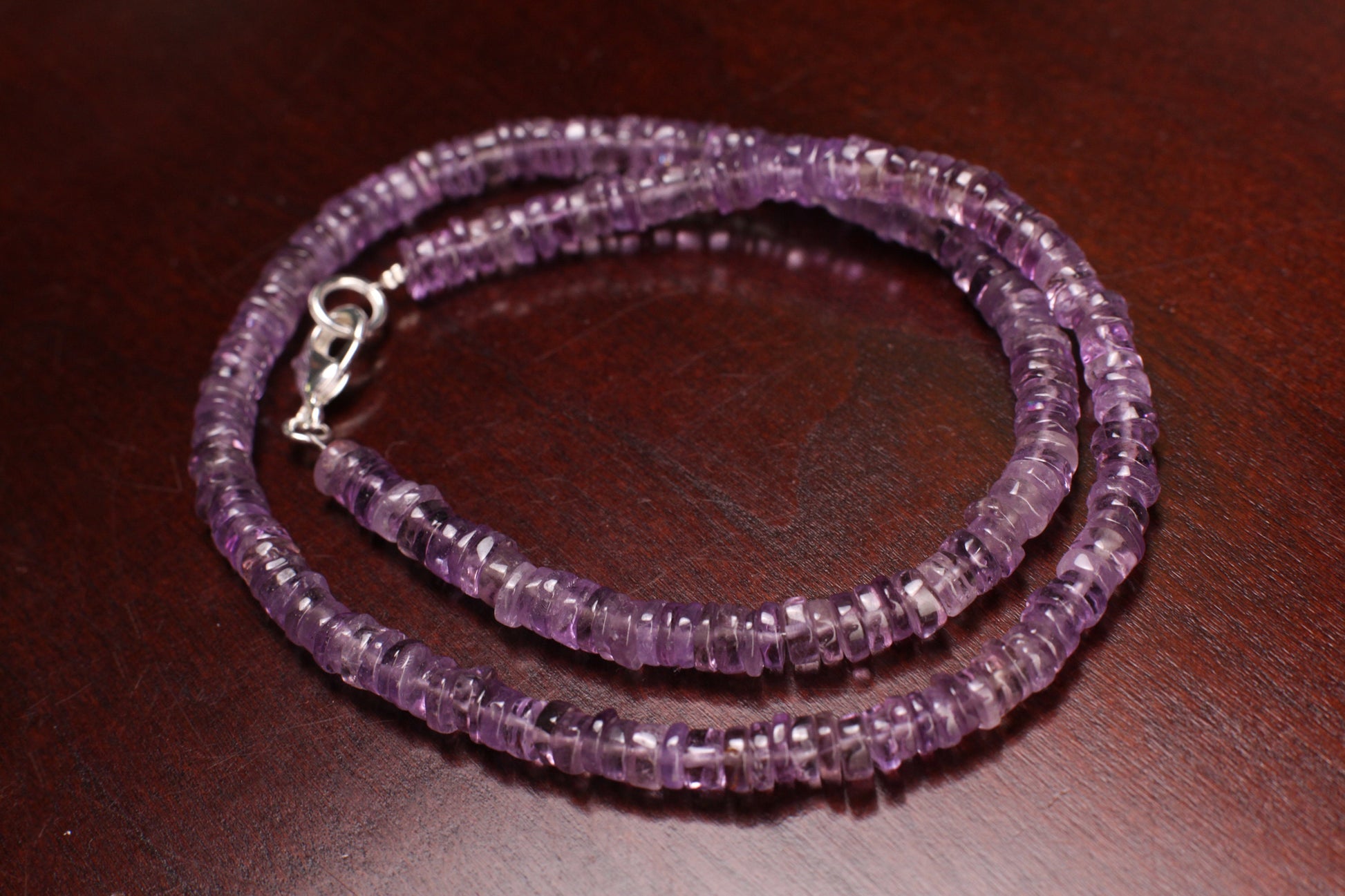 Natural Pink Amethyst Smooth Heishi 6-7mm gemstone silver necklace. Handmade gemstone necklace Yoga