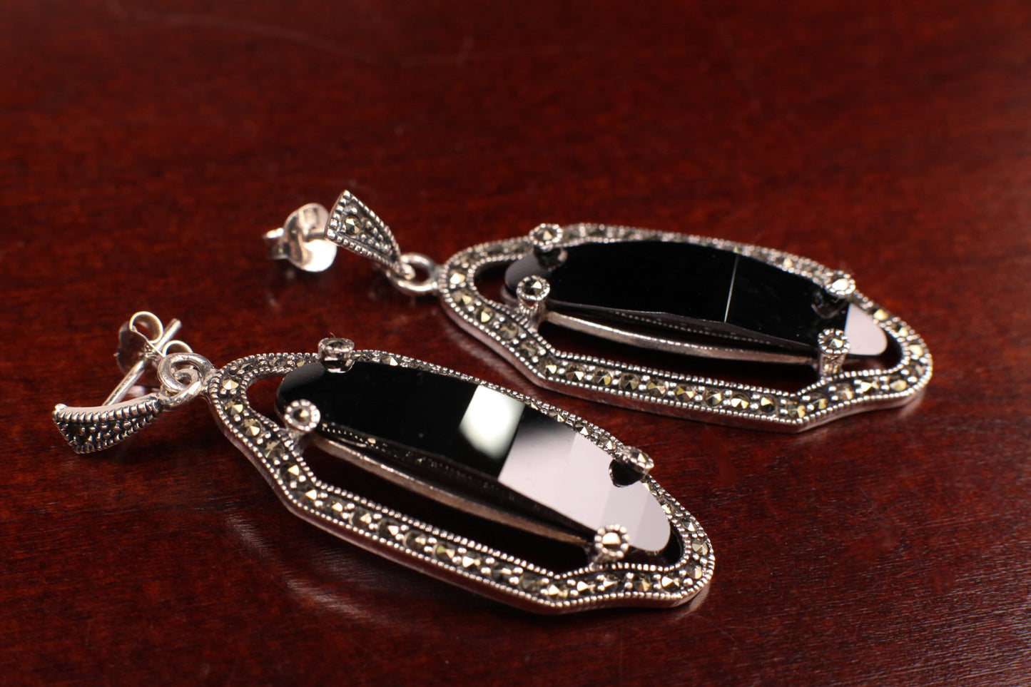 Marcasite 925 Sterling Silver Earrings Post with Oval Dangle Black Onyx, Vintage, Antique Marcasite Earrings Gift for her