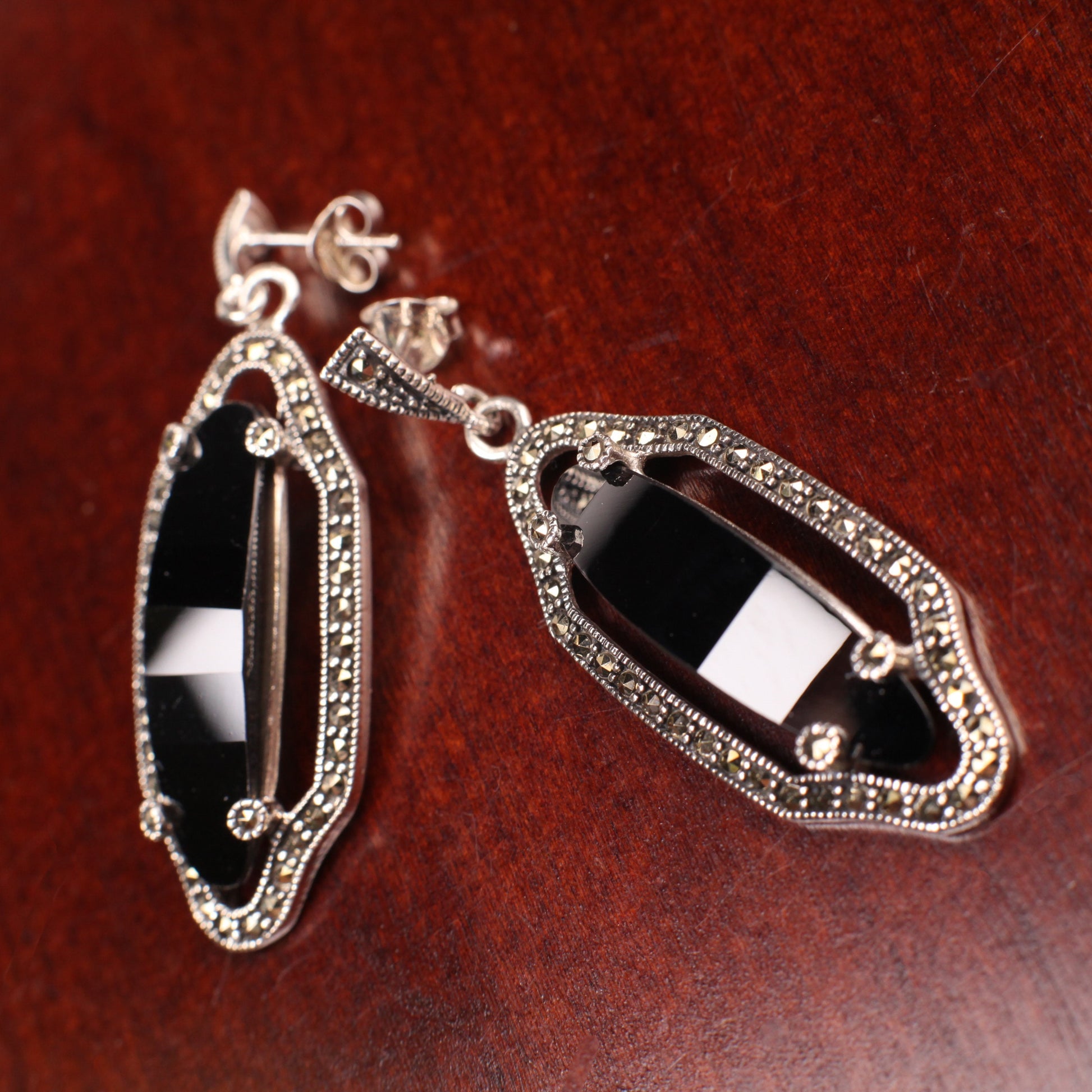 Marcasite 925 Sterling Silver Earrings Post with Oval Dangle Black Onyx, Vintage, Antique Marcasite Earrings Gift for her