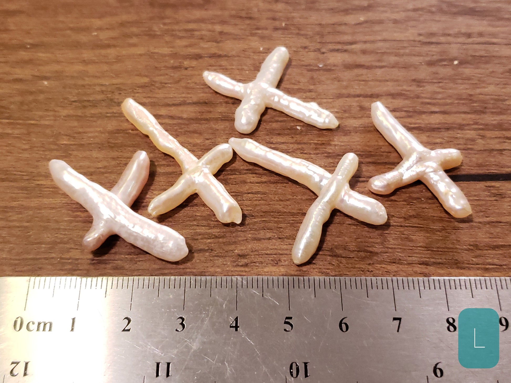 5 pcs Freshwater Natural Cross Pearl, Diagonally drilled, Focal spacer bead. Approx. 20x40mm, 5 pieces set