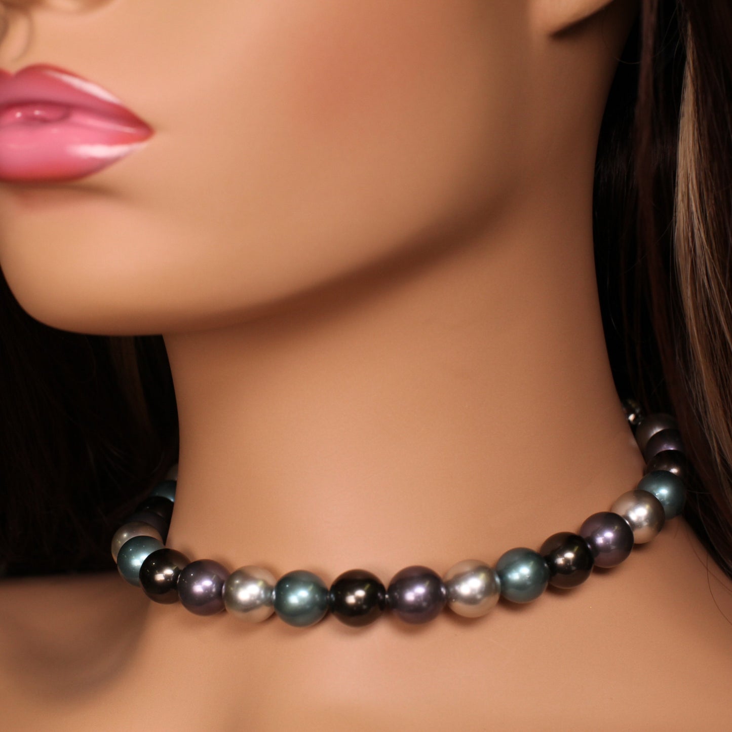 Tri color 12mm Multi blue teal silver South Seashell Pearl Necklace 16-38" choice, Bridal ,Evening wear, party , Elegant gift