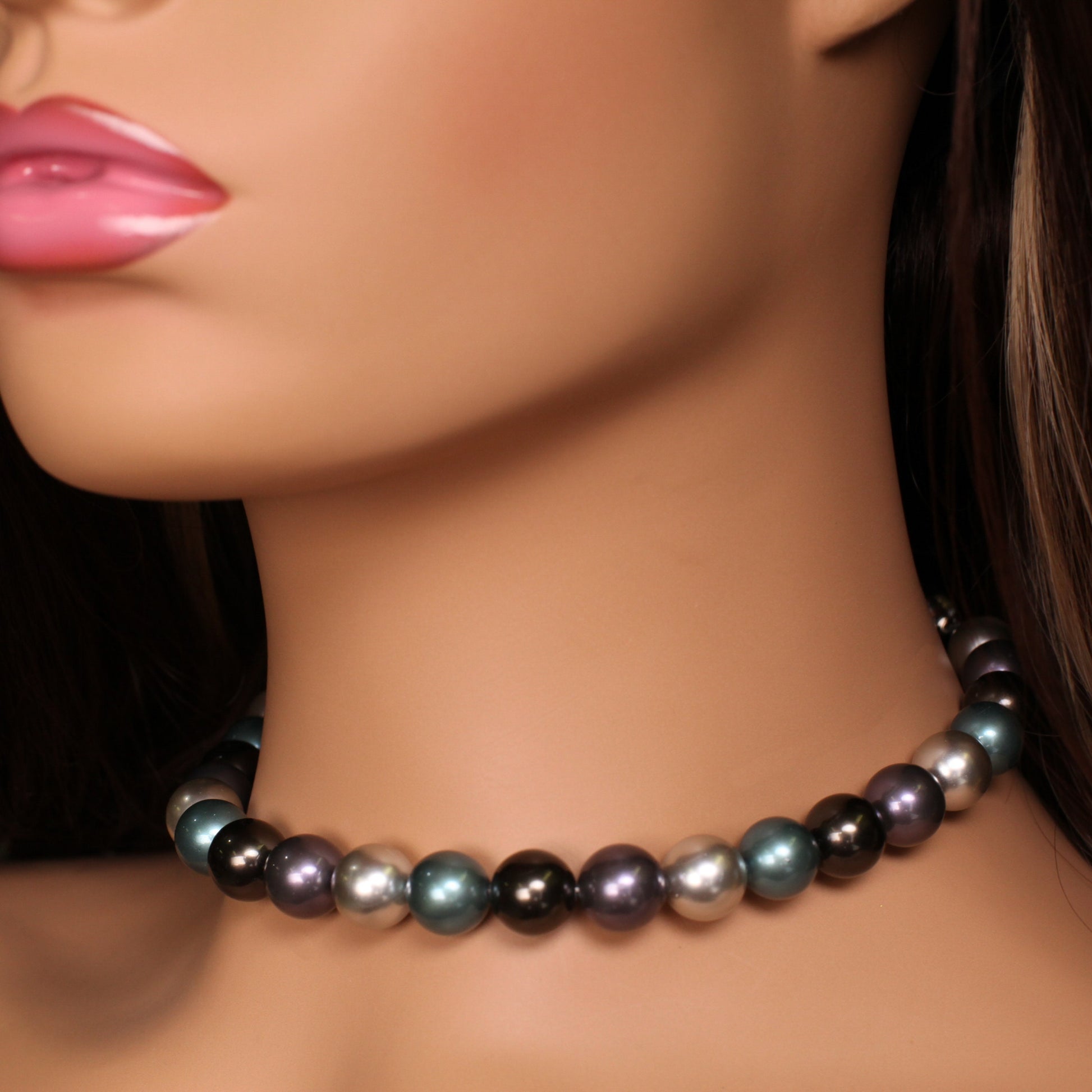 Tri color 12mm Multi blue teal silver South Seashell Pearl Necklace 16-38" choice, Bridal ,Evening wear, party , Elegant gift