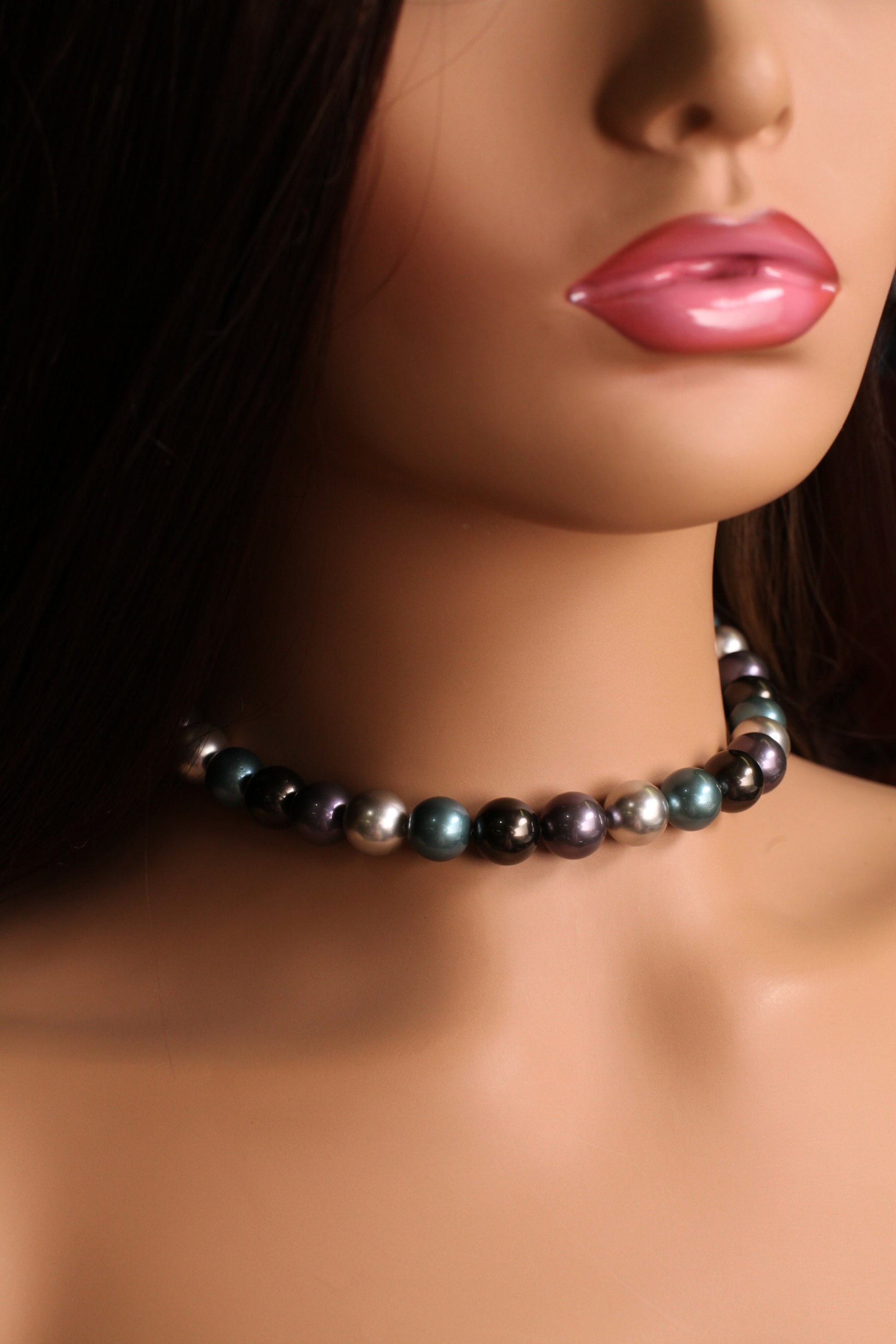 Tri color 12mm Multi blue teal silver South Seashell Pearl Necklace 16-38" choice, Bridal ,Evening wear, party , Elegant gift