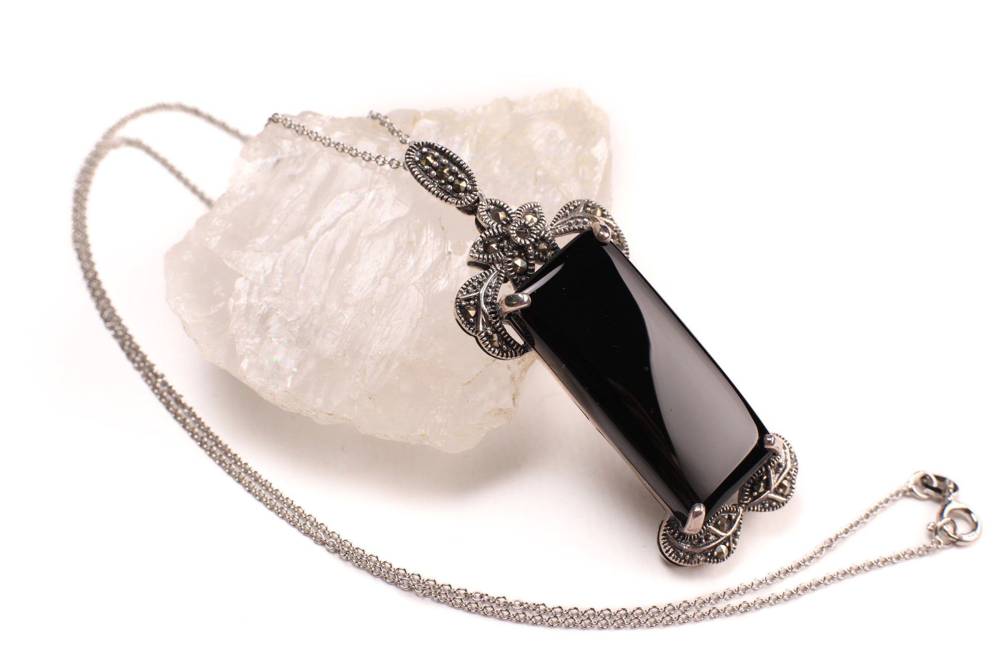 Marcasite 925 Sterling Silver Black Onyx Pendant Necklace with Rhodium Non Tarnish Sterling Silver Chain 19x55mm Vintage, Antique necklace