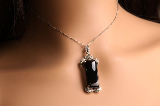 Marcasite 925 Sterling Silver Black Onyx Pendant Necklace with Rhodium Non Tarnish Sterling Silver Chain 19x55mm Vintage, Antique necklace