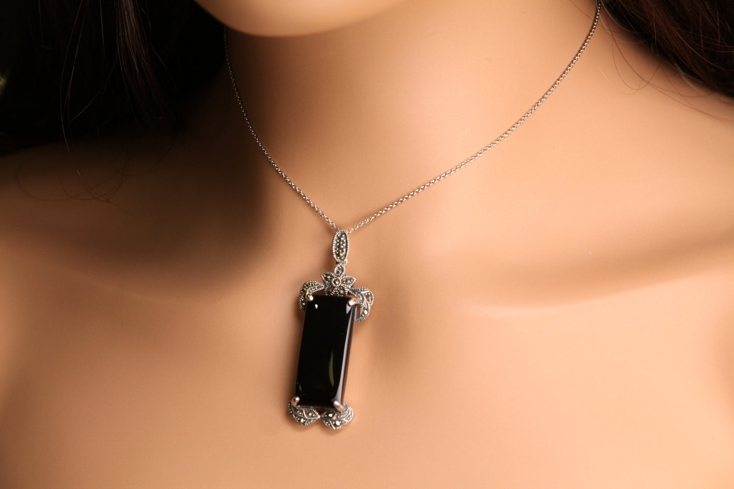 Marcasite 925 Sterling Silver Black Onyx Pendant Necklace with Rhodium Non Tarnish Sterling Silver Chain 19x55mm Vintage, Antique necklace