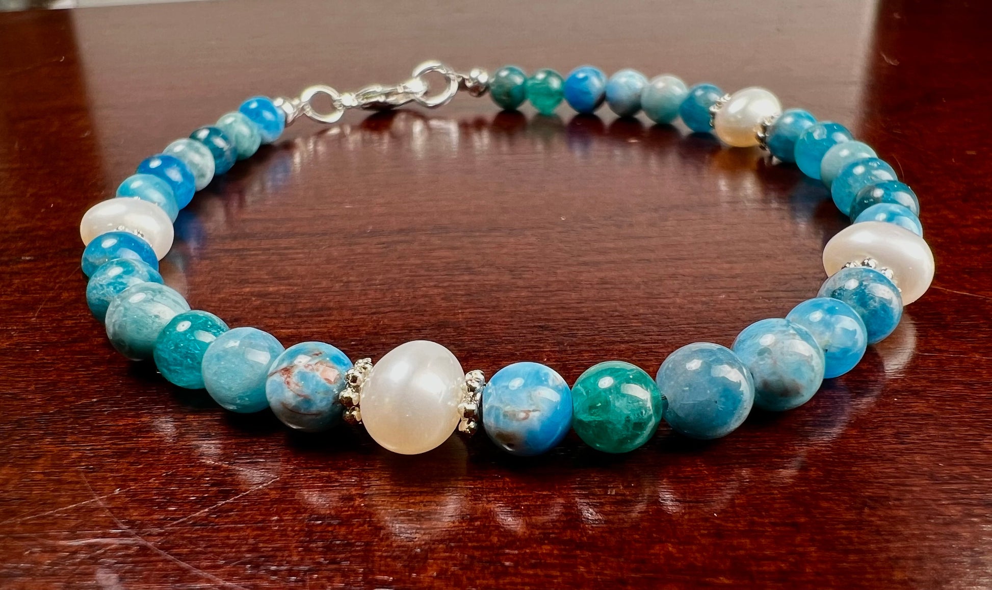 Natural Apatite 4mm smooth round bead with freshwater potato pearl spacer stretchy bracelet , yoga healing gemstone