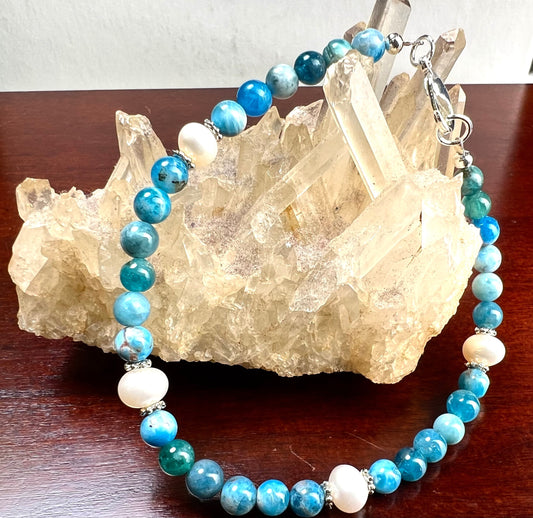 Natural Apatite 4mm smooth round bead with freshwater potato pearl spacer stretchy bracelet , yoga healing gemstone