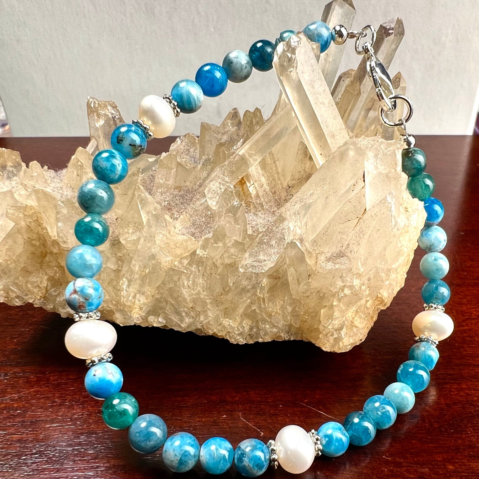 Natural Apatite 4mm smooth round bead with freshwater potato pearl spacer stretchy bracelet , yoga healing gemstone