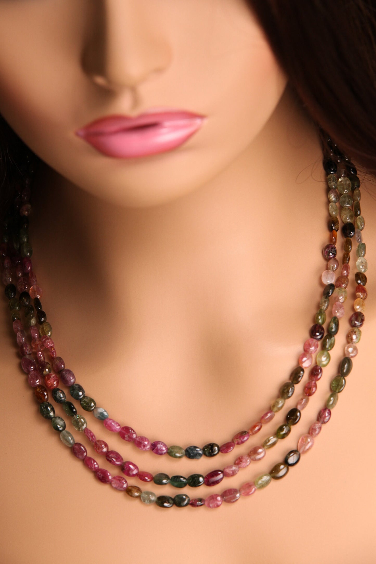 Multi Watermelon Tourmaline Smooth oval 3 line silver Necklace,Healing, Energy,Precious gift 16-18" plus 3" Extension chain