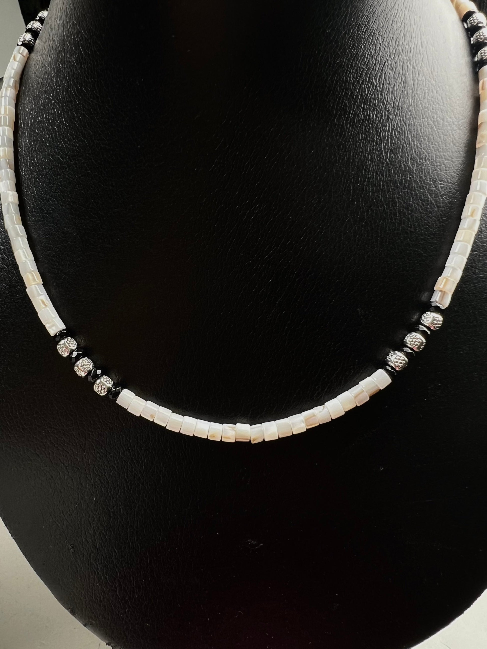 Natural Mother of Pearl Heishi Roundel 4mm black onyx Bali spacer ivory white Necklace for Man and Woman in Silver Lobster Clasp,Beach Boho