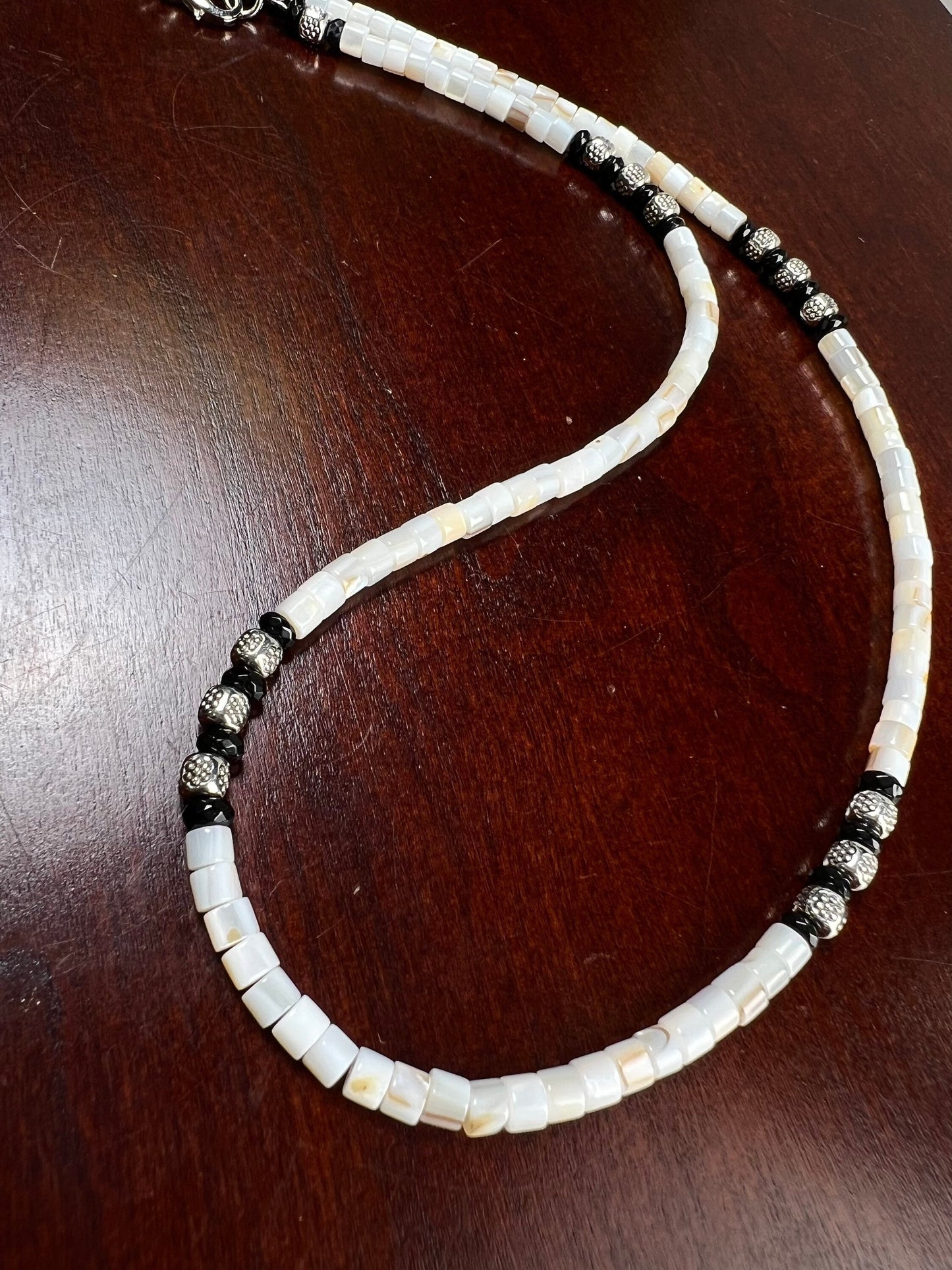 Natural Mother of Pearl Heishi Roundel 4mm black onyx Bali spacer ivory white Necklace for Man and Woman in Silver Lobster Clasp,Beach Boho