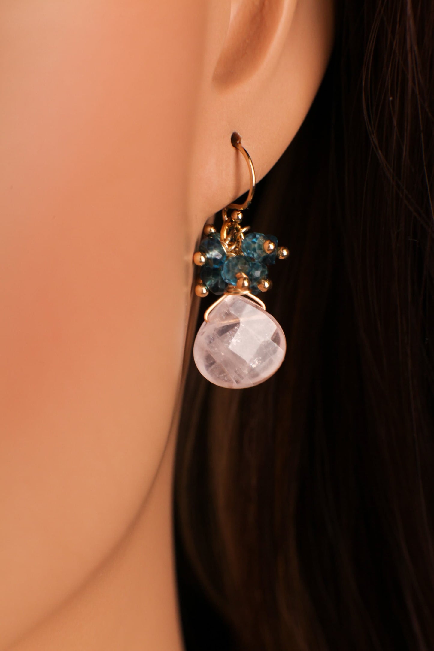 Natural Rose Quartz drop & London Blue Topaz cluster earring, 925 sterling silver or 14k gold filled
