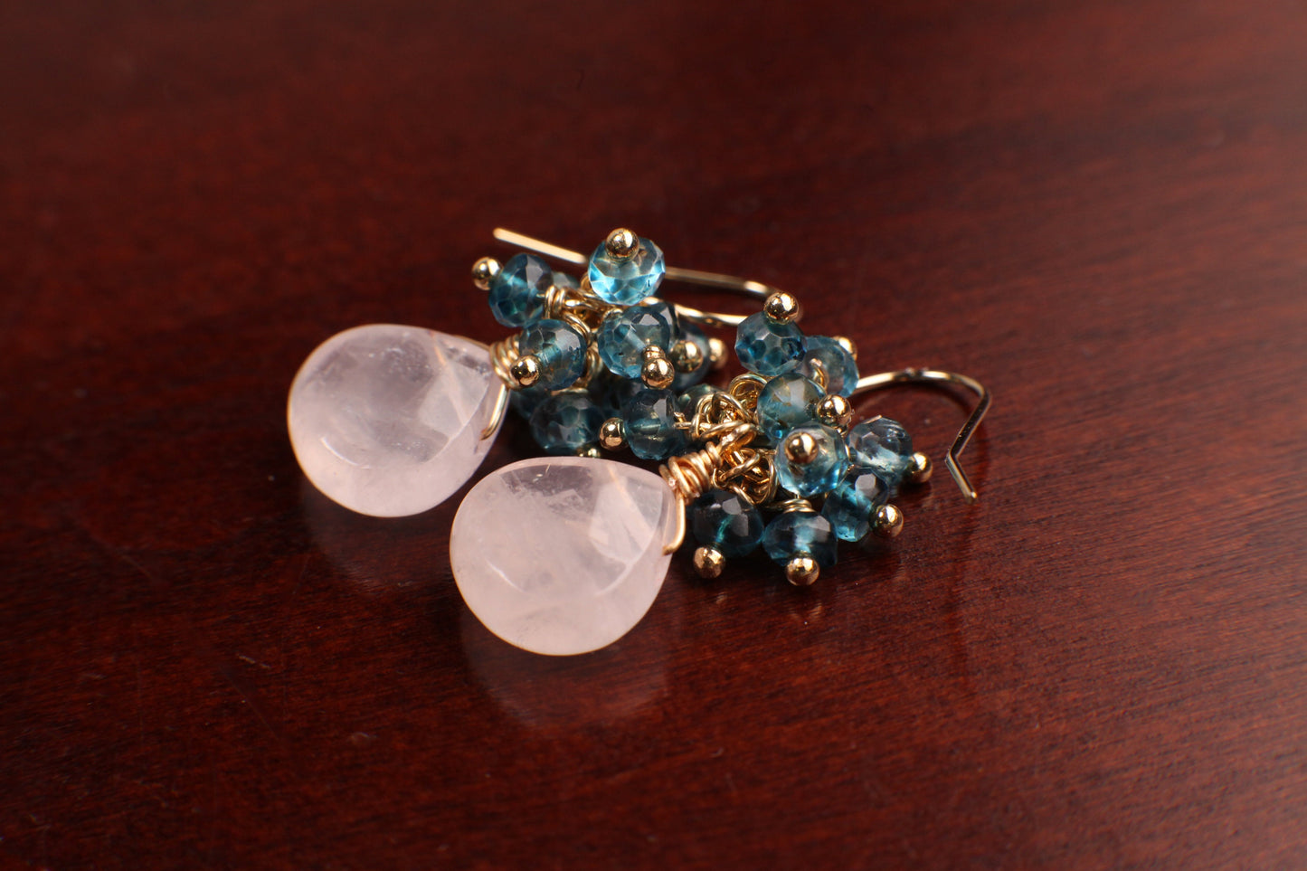 Natural Madagascar Rose Quartz Faceted heart drop London Blue Topaz cluster earring, 925 sterling silver or 14k gold filled