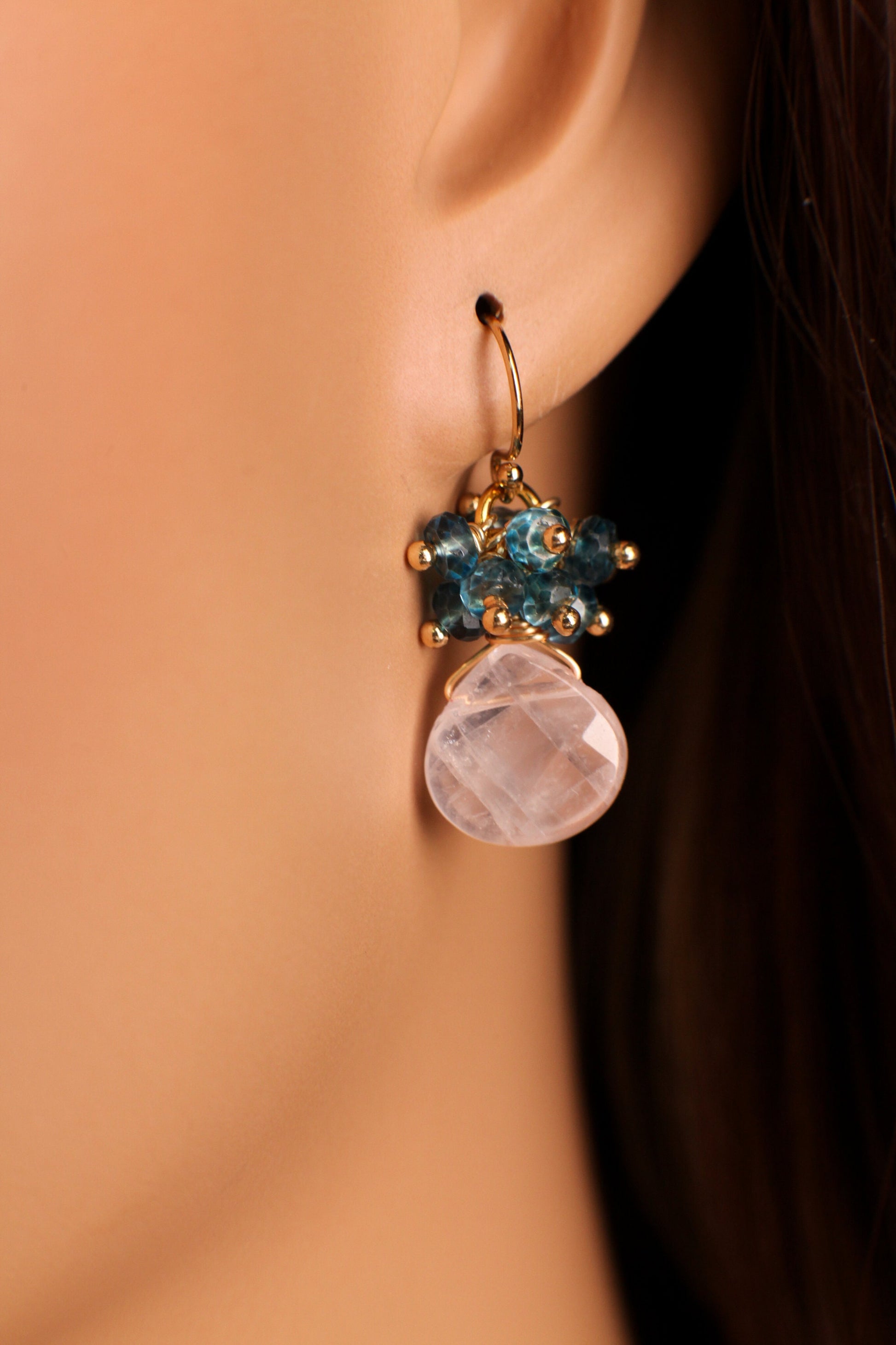 Natural Rose Quartz drop & London Blue Topaz cluster earring, 925 sterling silver or 14k gold filled