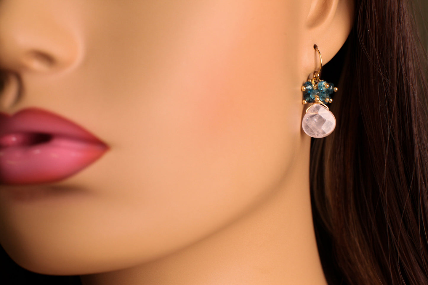Natural Rose Quartz drop & London Blue Topaz cluster earring, 925 sterling silver or 14k gold filled