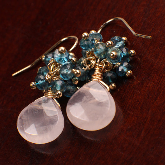 Natural Madagascar Rose Quartz Faceted heart drop London Blue Topaz cluster earring, 925 sterling silver or 14k gold filled