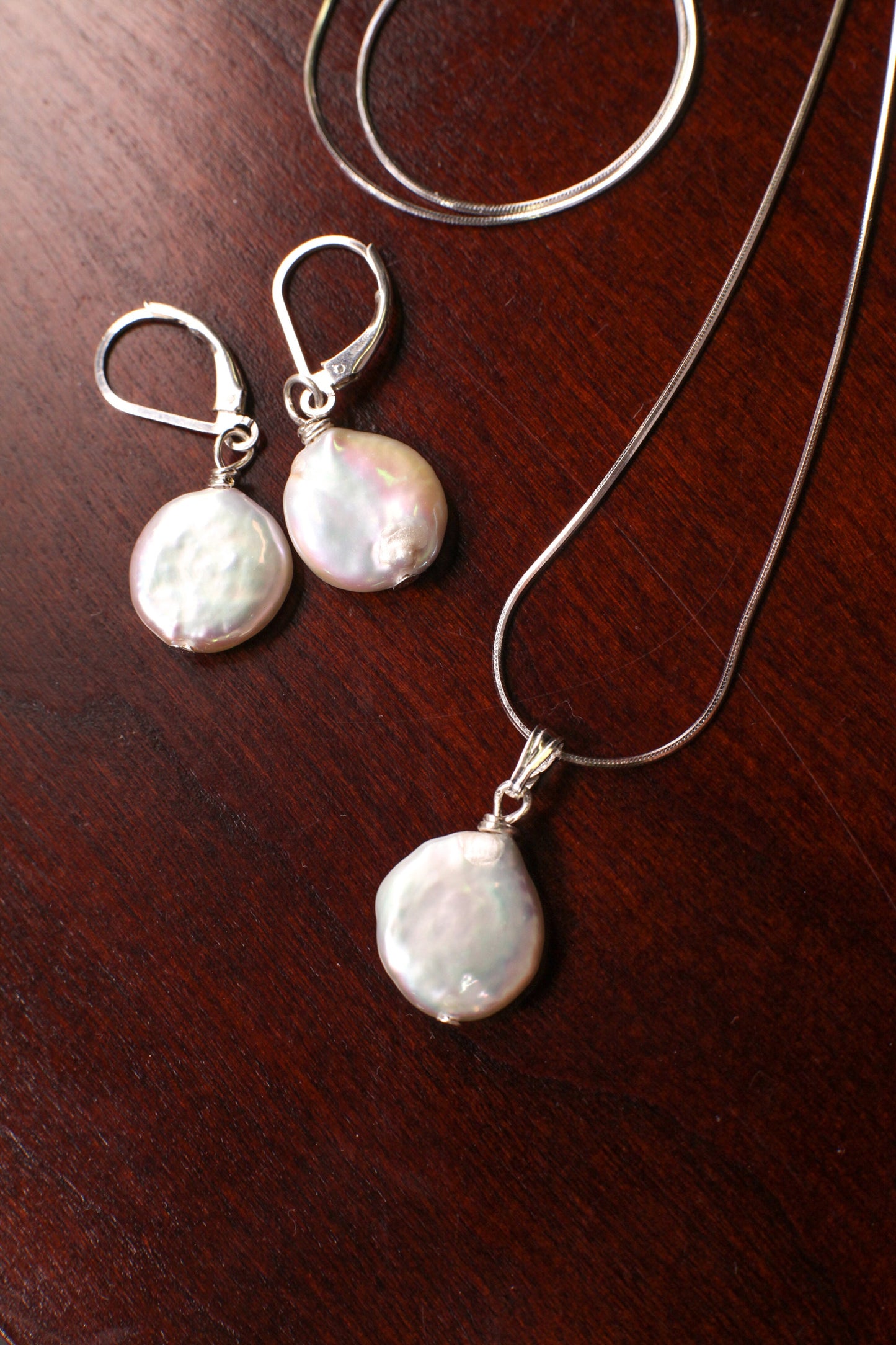 Natural Freshwater Coin Pearl White High Luster Dangling Pendant, Earrings Jewelry set in 925 Sterling Silver