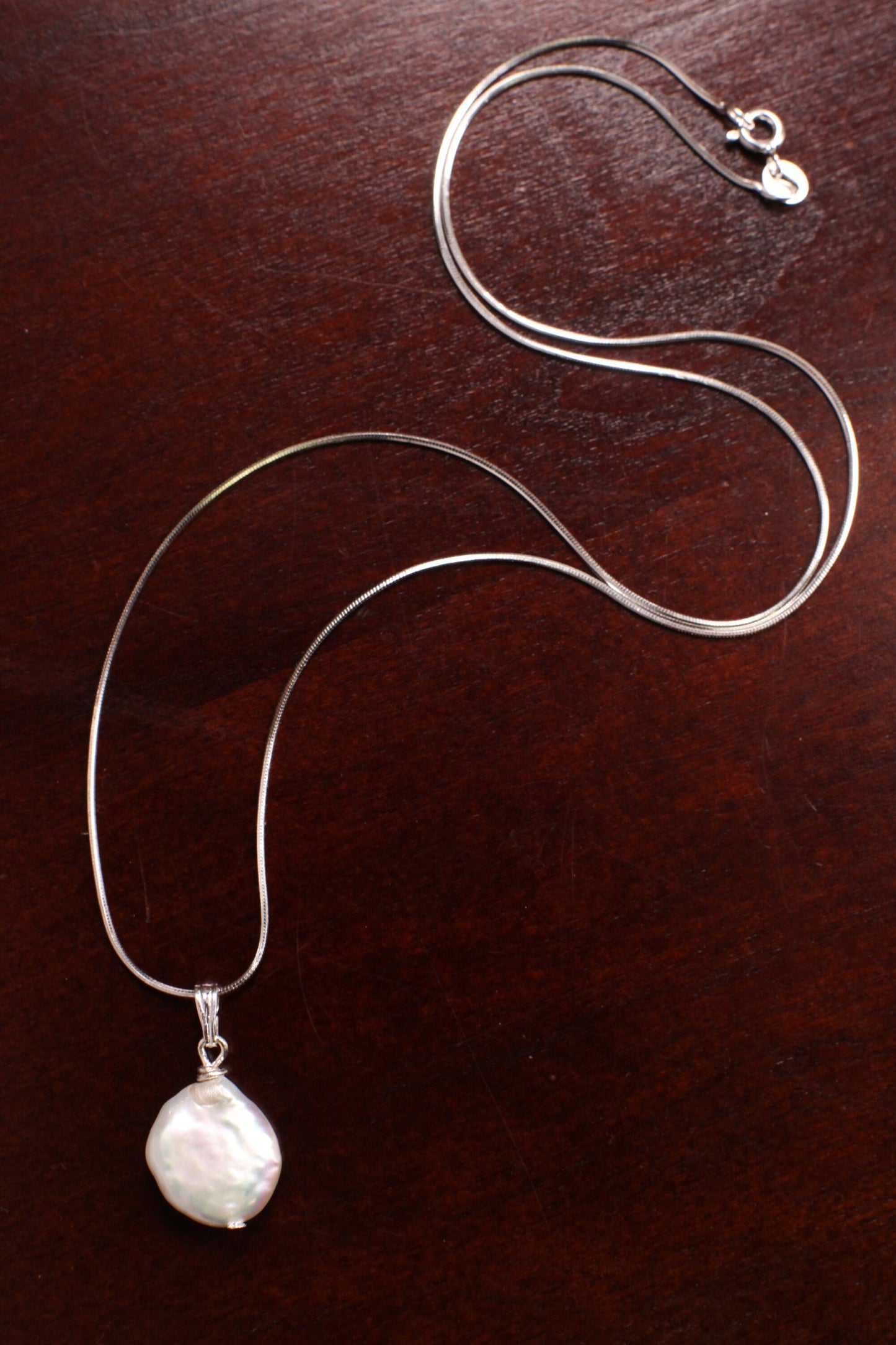 Natural Freshwater Coin Pearl White High Luster Dangling Pendant, Earrings Jewelry set in 925 Sterling Silver