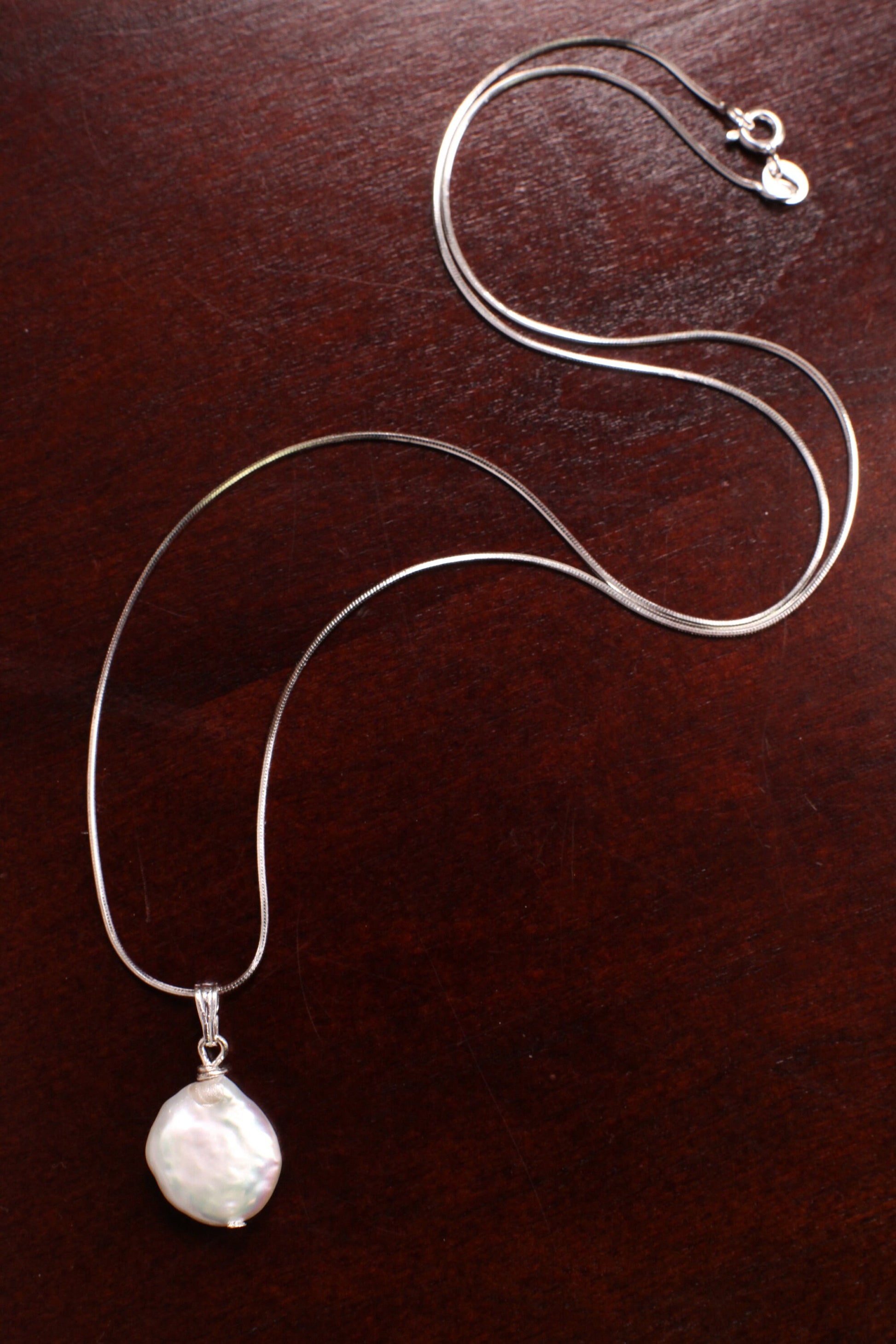 Natural Freshwater Coin Pearl White High Luster Dangling Pendant, Earrings Jewelry set in 925 Sterling Silver