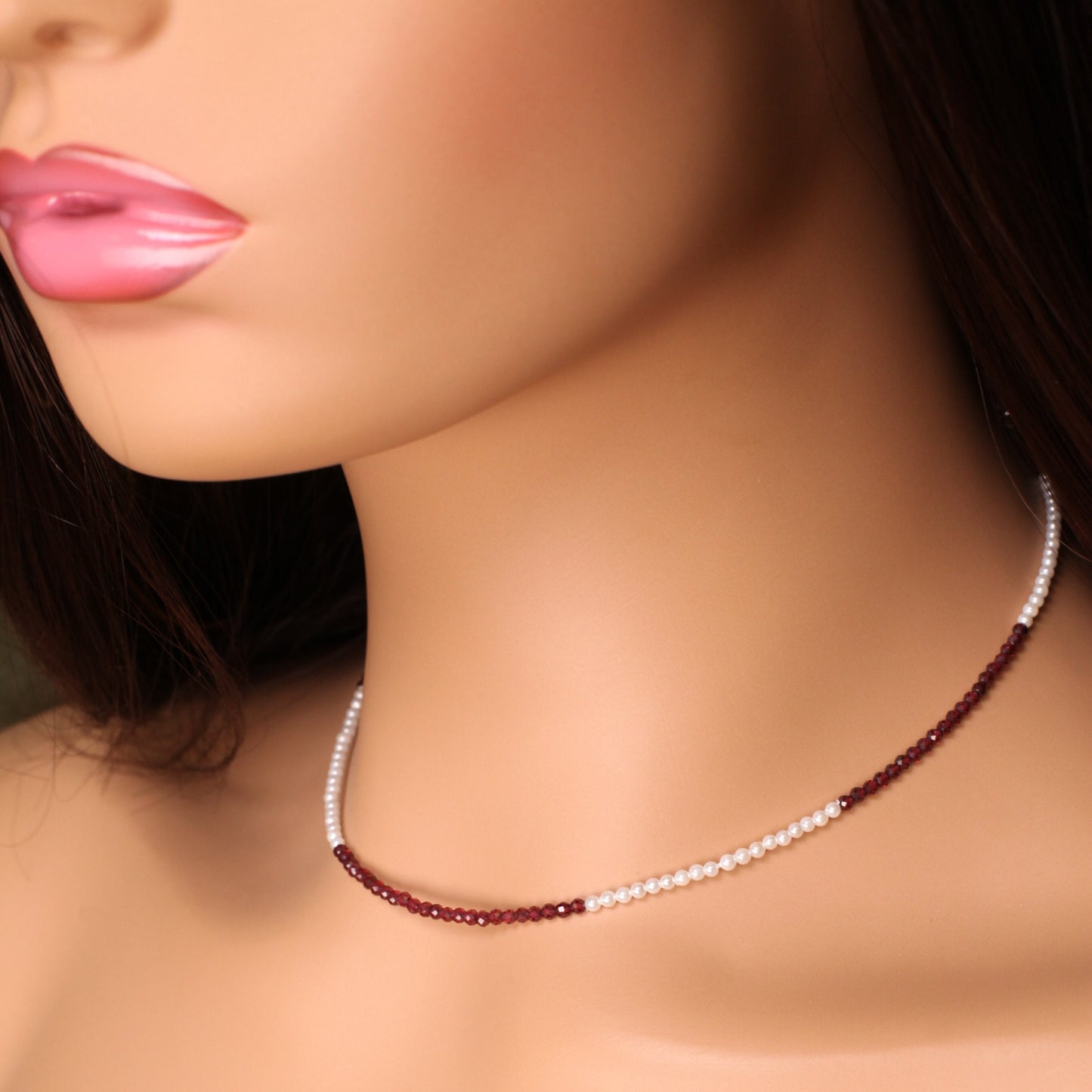 Merlot Red Garnet 2.5-3mm Faceted and freshwater pearl Choker Layering Necklace, 925 Sterling Silver, January Birthstone, Woman Gift