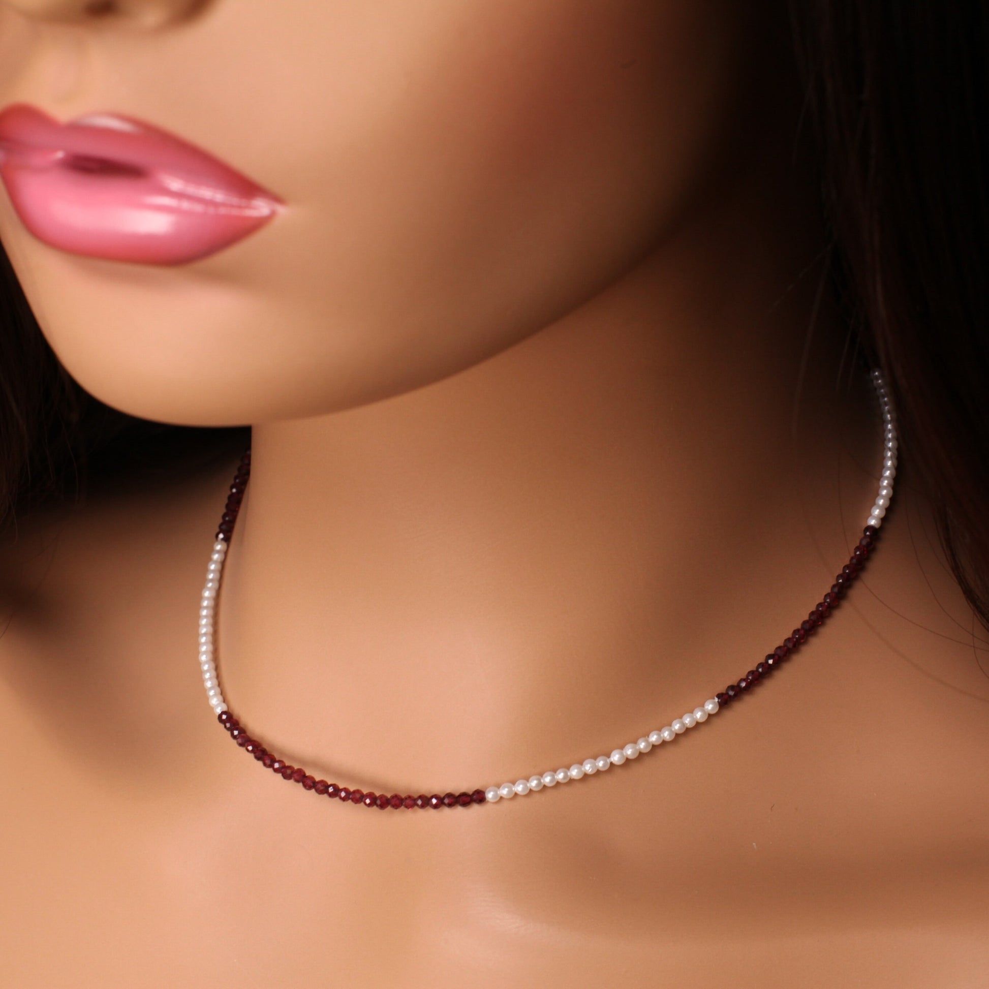 Merlot Red Garnet 2.5-3mm Faceted and freshwater pearl Choker Layering Necklace, 925 Sterling Silver, January Birthstone, Woman Gift