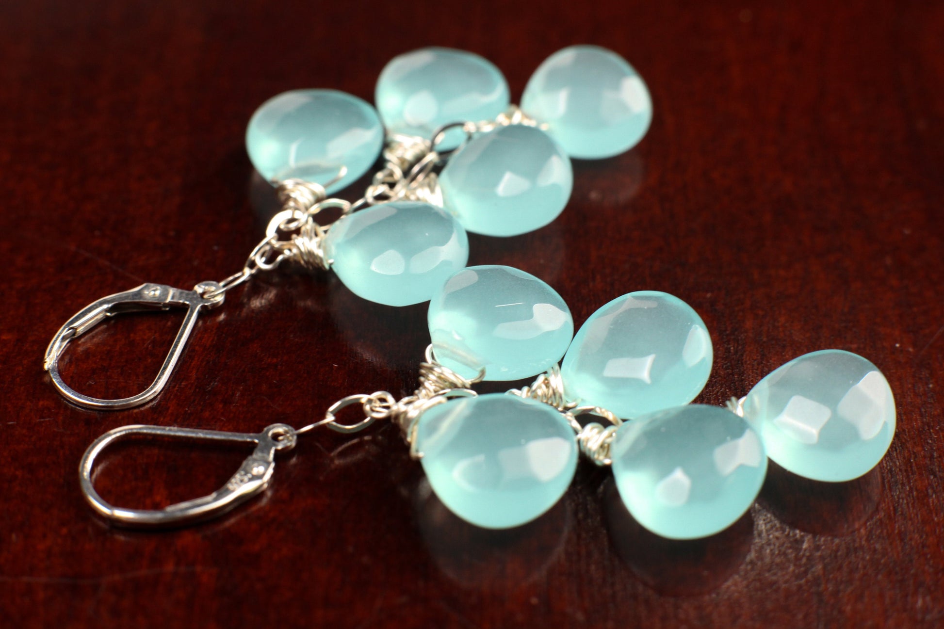 Chalcedony earring Aqua Chalcedony Faceted 12x14mm heart Drop Cascade Dangling Earrings , Wire Wrap Handmade in 925 Sterling Silver