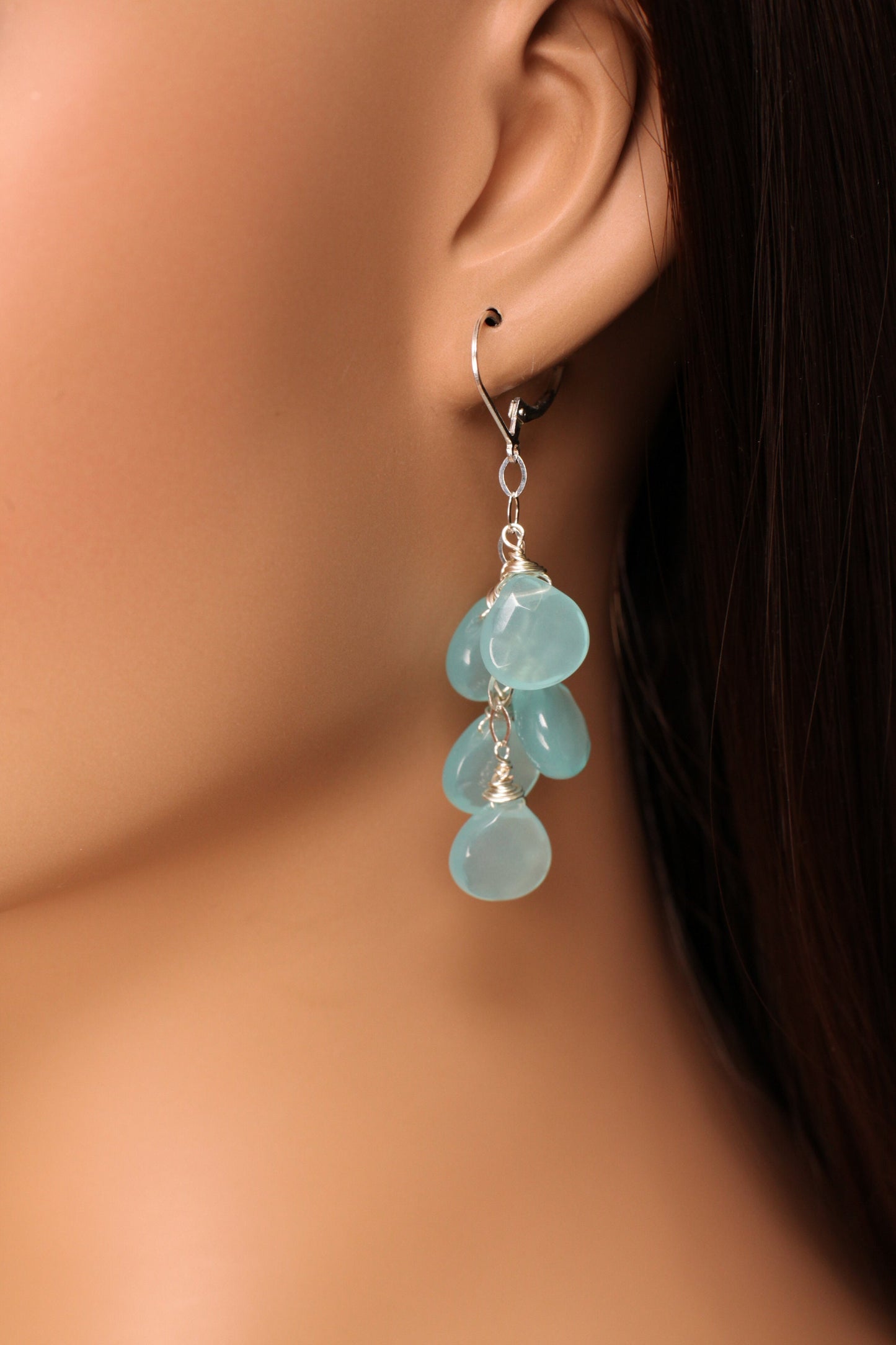 Chalcedony earring Aqua Chalcedony Faceted 12x14mm heart Drop Cascade Dangling Earrings , Wire Wrap Handmade in 925 Sterling Silver