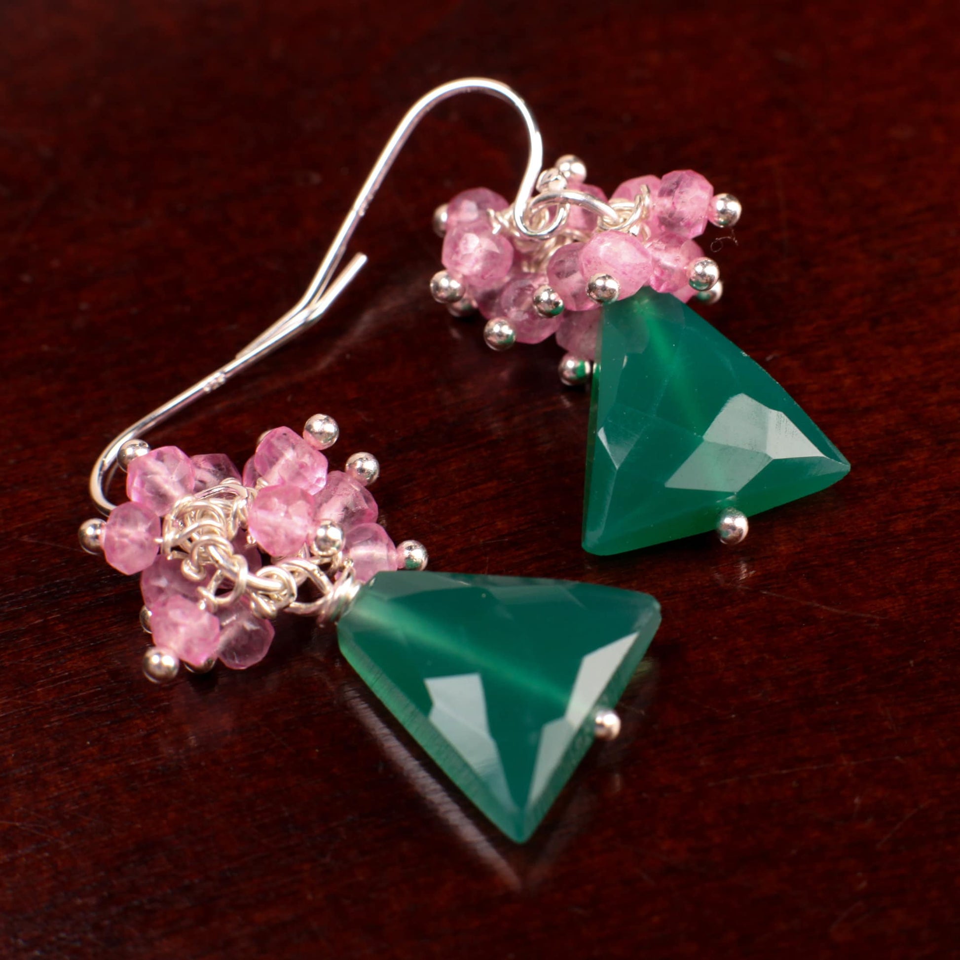 Natural Green Onyx Triangular Drop, Pink Topaz Clusters in 925 Sterling Silver French Hook Earrings, Gemstone Jewelry Gift