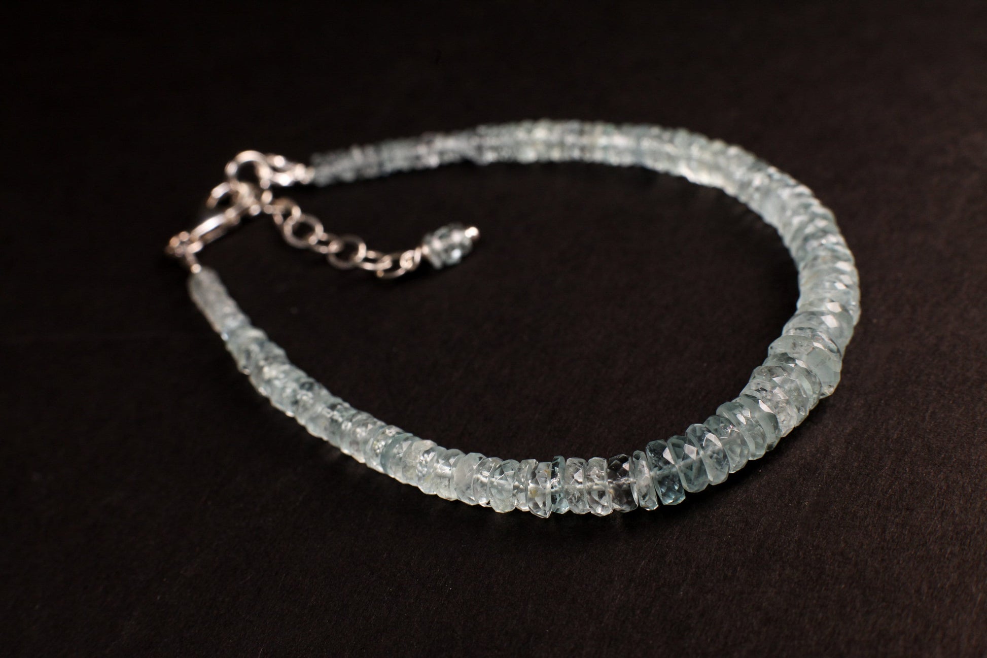 Natural Aquamarine Blue 3.5-6mm Graduated Faceted Heishi Rondelle Bracelet, AAA Gem Quality Natural Aquamarine in 925 Sterling Silver