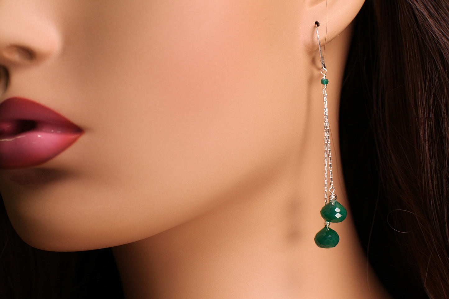 Genuine Green Onyx Drop Briolette Onion Shape and 2” Long 925 Sterling Silver Leverback earrings. Beautiful elegant gift