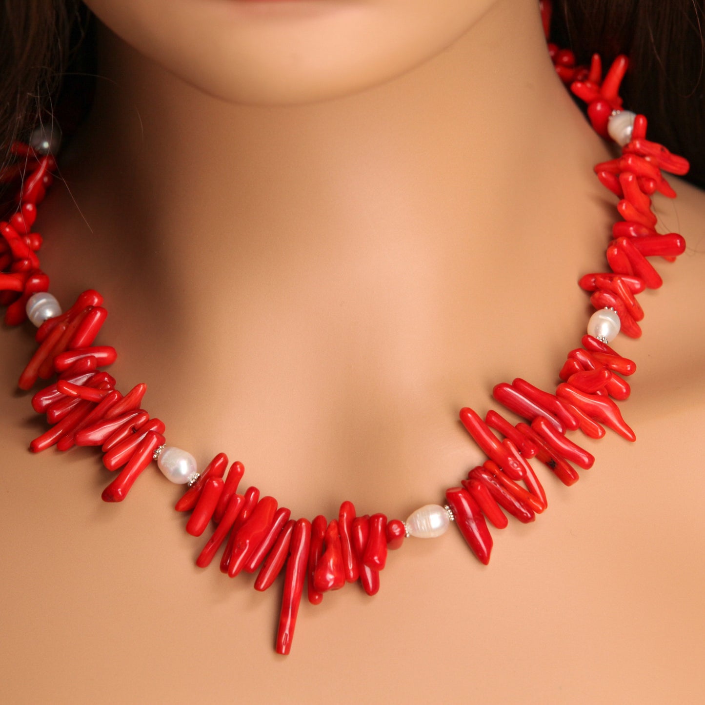 Genuine Bamboo Red Coral Stick Branch 3x14-20mm, Accent Freshwater Pearl Necklace