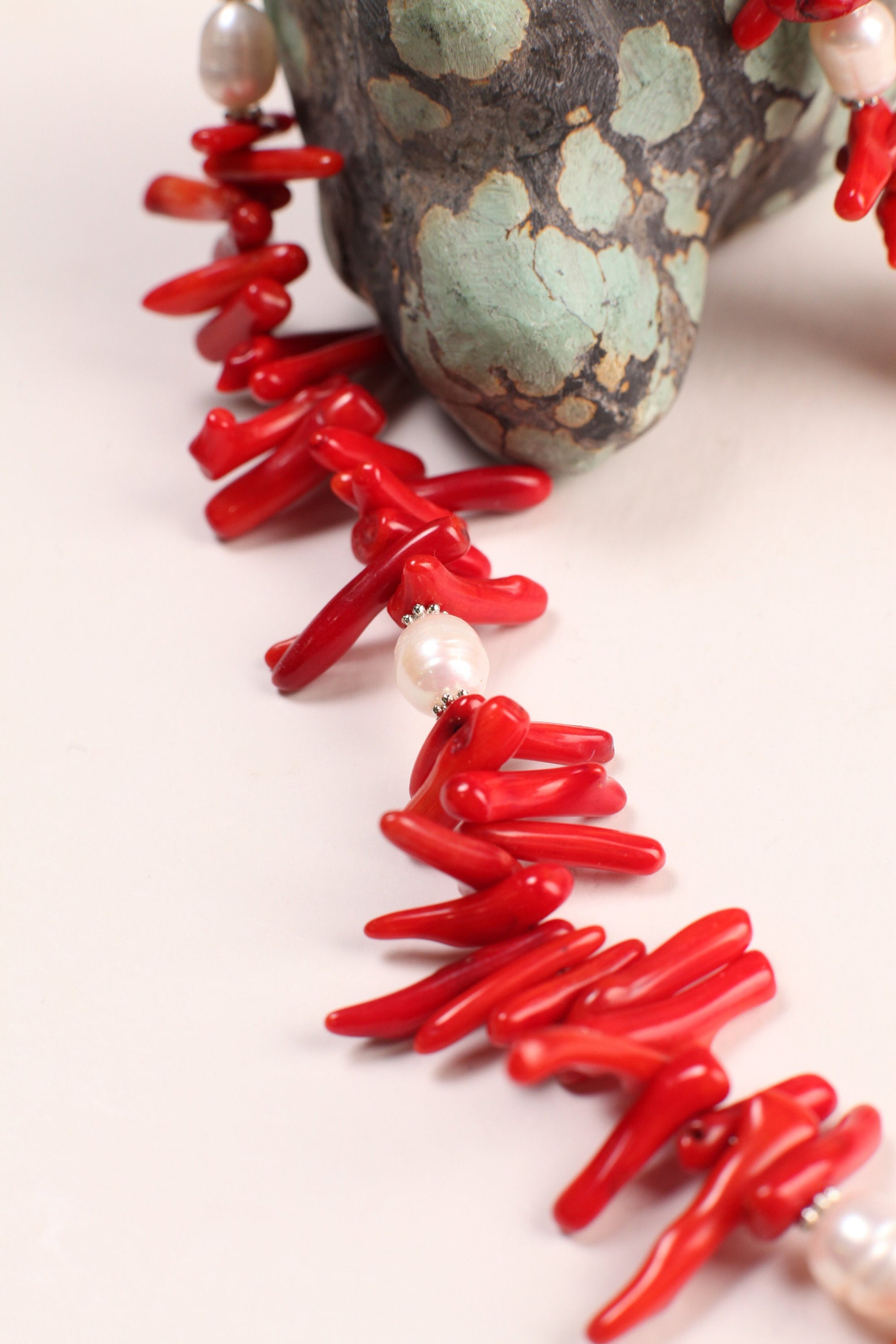 Genuine Bamboo Red Coral Stick Branch 3x14-20mm, Accent Freshwater Pearl Necklace