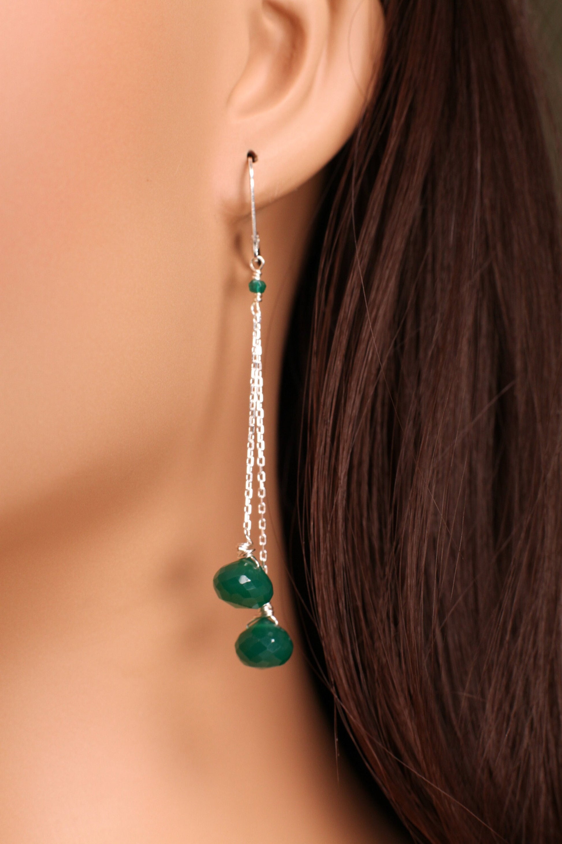 Genuine Green Onyx Drop Briolette Onion Shape and 2” Long 925 Sterling Silver Leverback earrings. Beautiful elegant gift