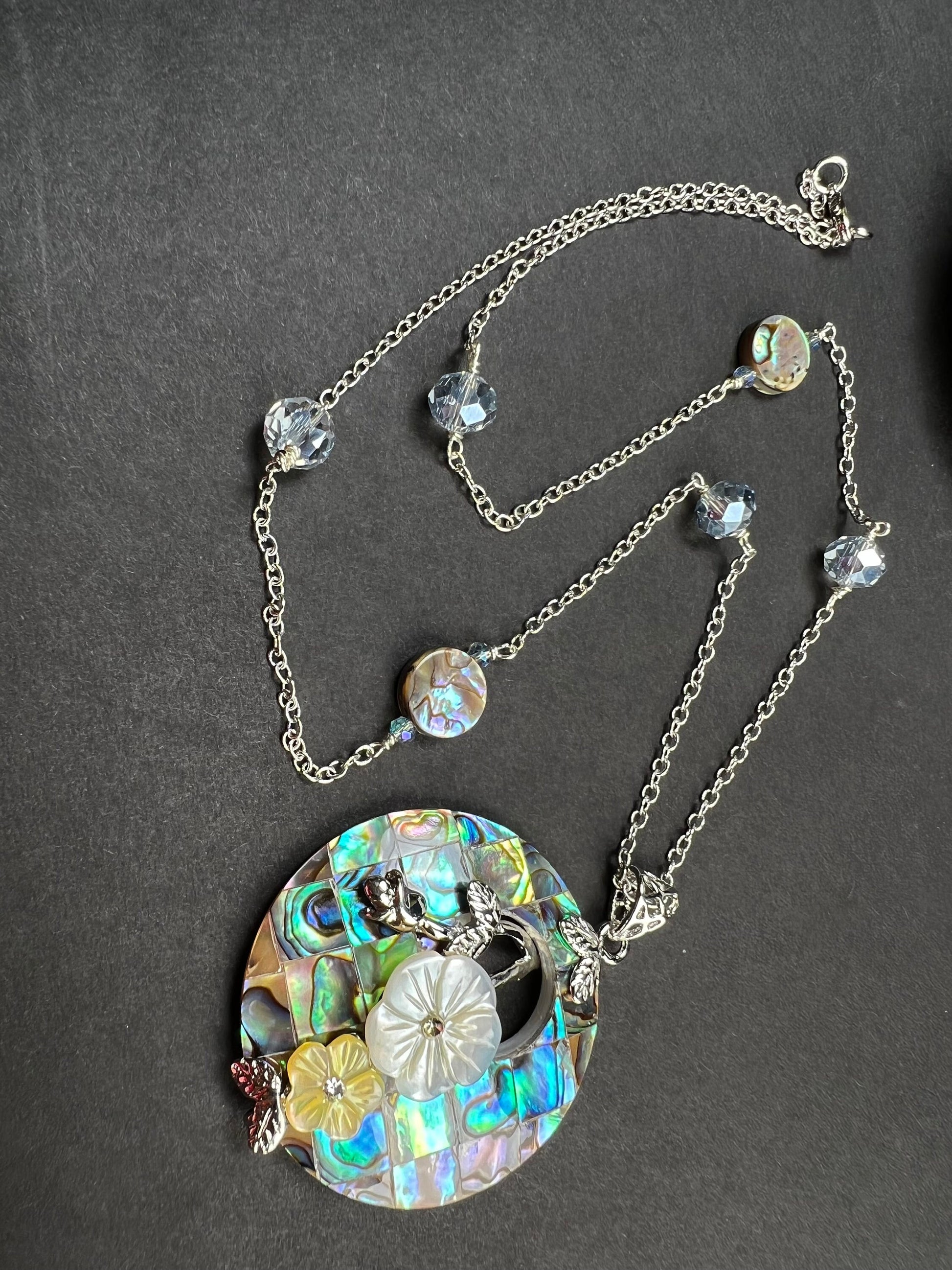 Genuine Abalone Paua Shell 40mm disc donut flower with 10mm abalone dime and crystal rhodium sterling silver 21” necklace, vintage gift