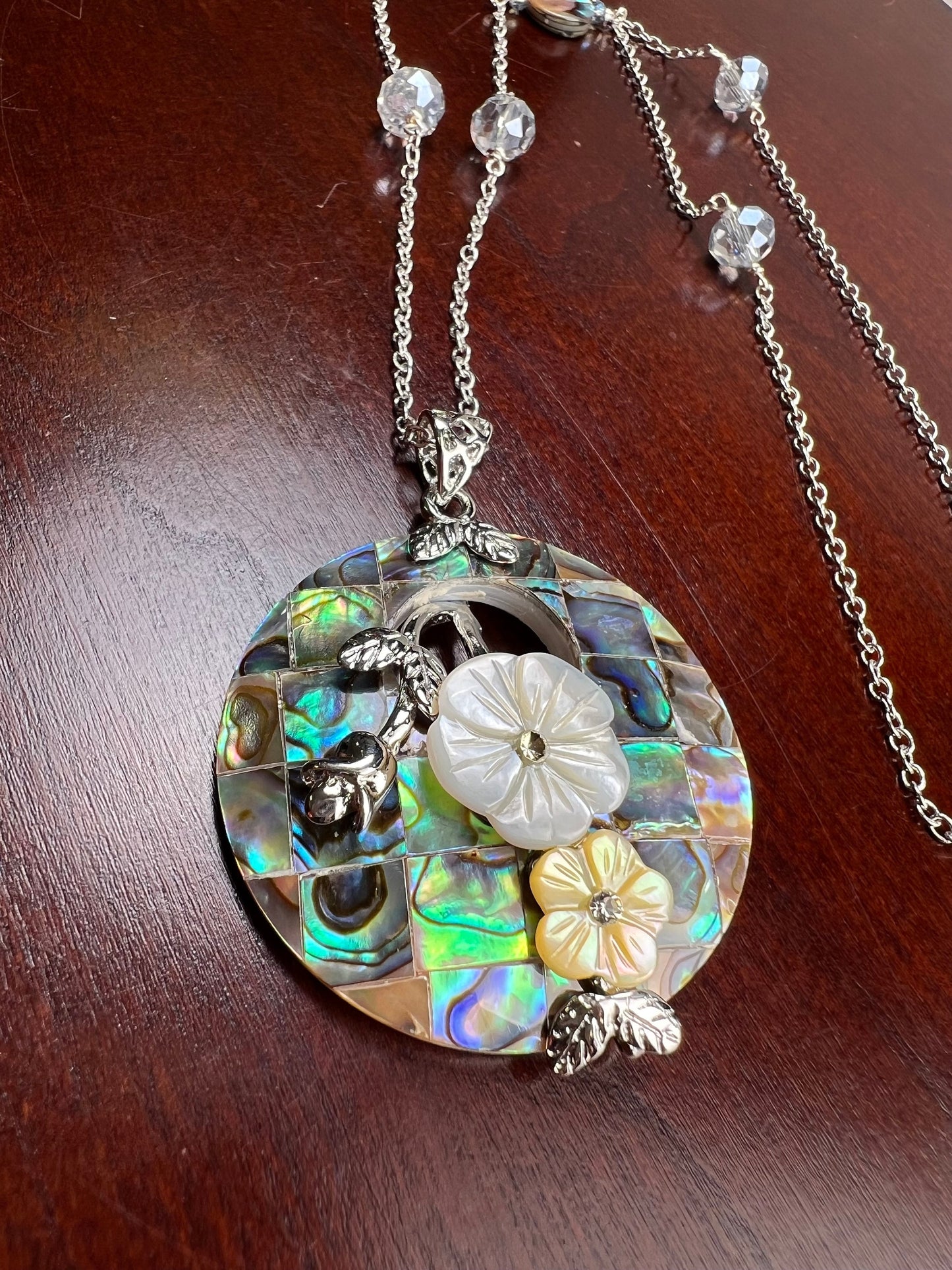 Genuine Abalone Paua Shell 40mm disc donut flower with 10mm abalone dime and crystal rhodium sterling silver 21” necklace, vintage gift