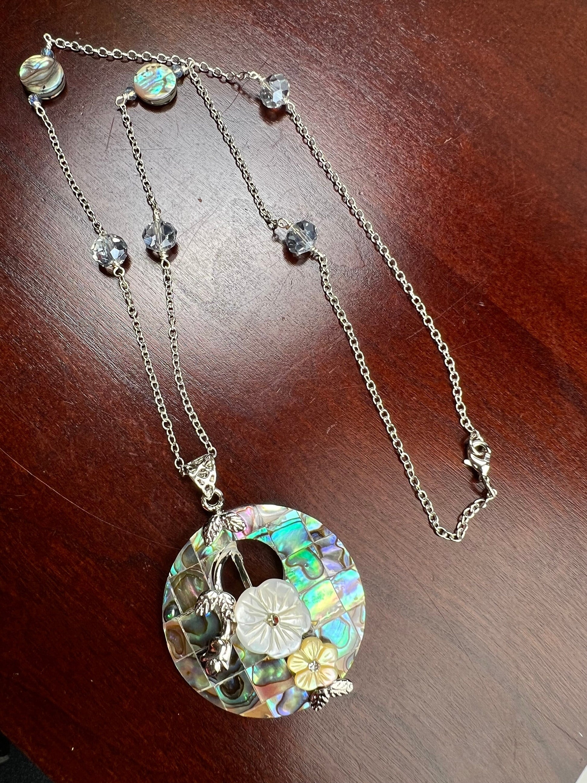 Genuine Abalone Paua Shell 40mm disc donut flower with 10mm abalone dime and crystal rhodium sterling silver 21” necklace, vintage gift