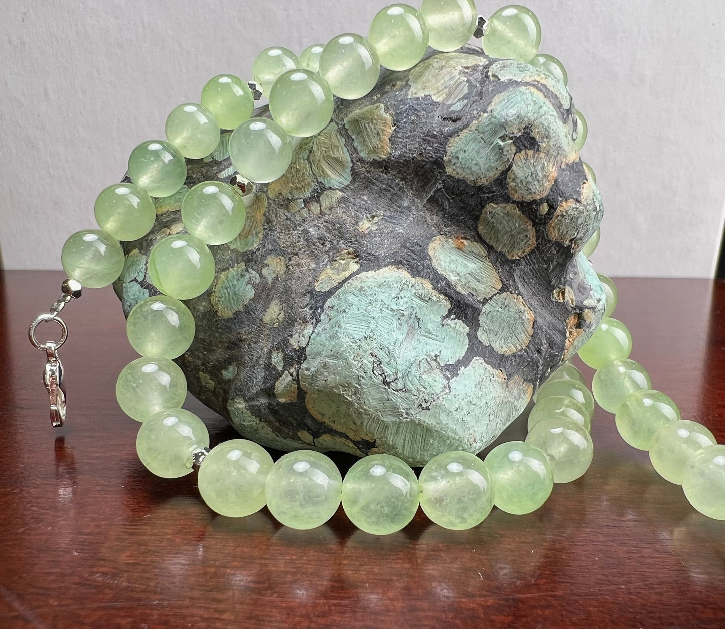 Mountain Jade Pastel Light Green 8mm smooth round Silver Necklace Choose from 16" to 34"