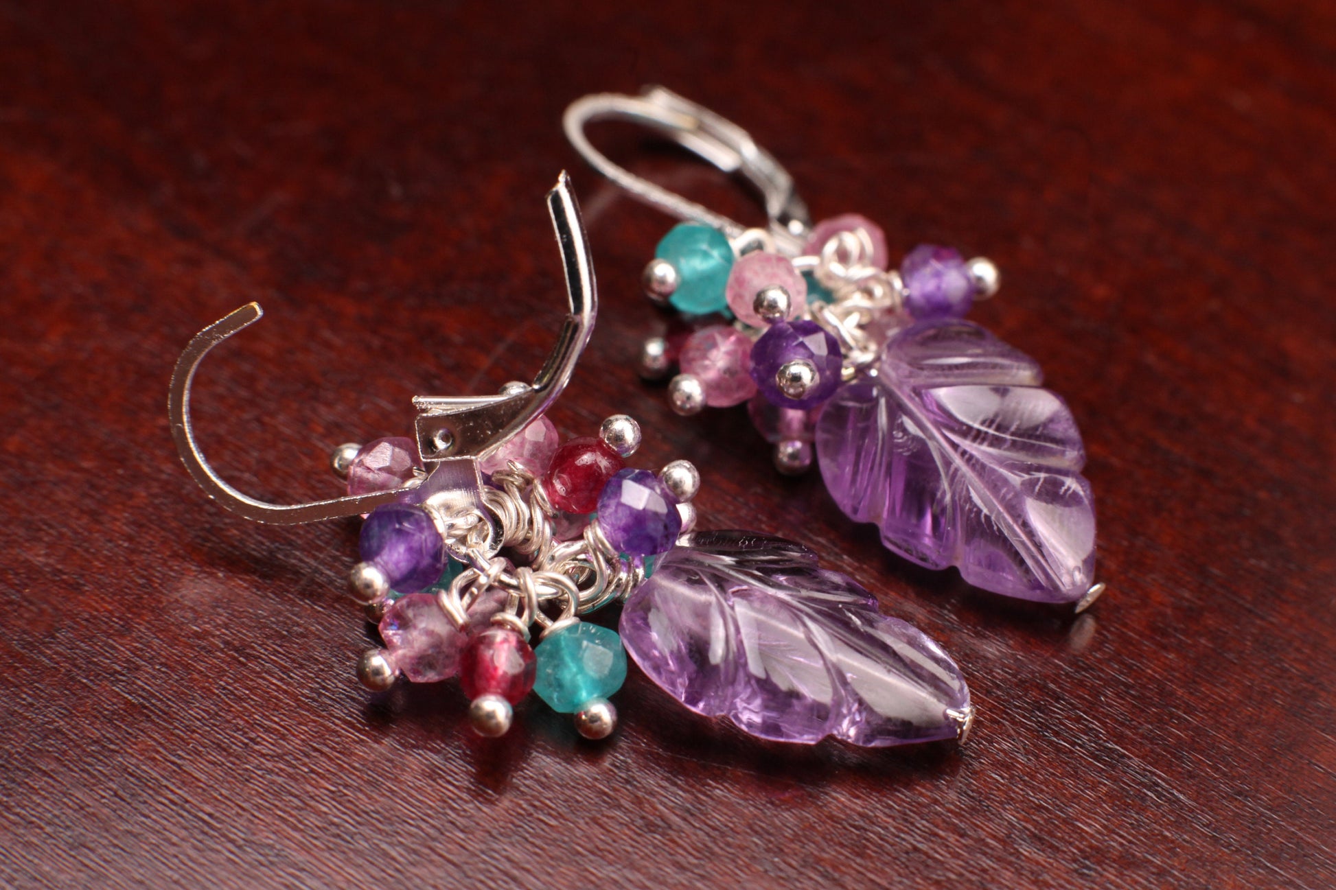 Carved Amethyst Leaf Dangling, Apatite, Garnet, Pink Topaz, Amethyst Clusters, 925 Sterling Silver Leverback Earrings, Gemstone Jewelry Gift