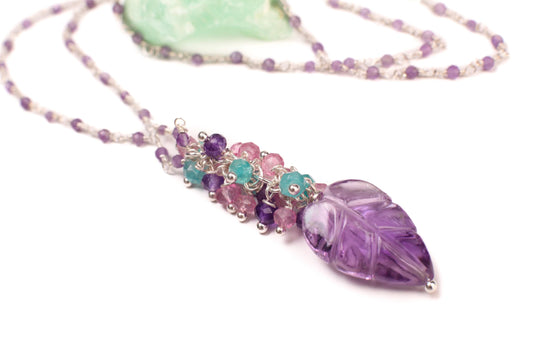 Carved Amethyst Leaf Pendant, Apatite, Garnet, Pink Topaz, Amethyst Clusters, 925 Sterling Silver Wire Wrapped Beaded Chain Necklace