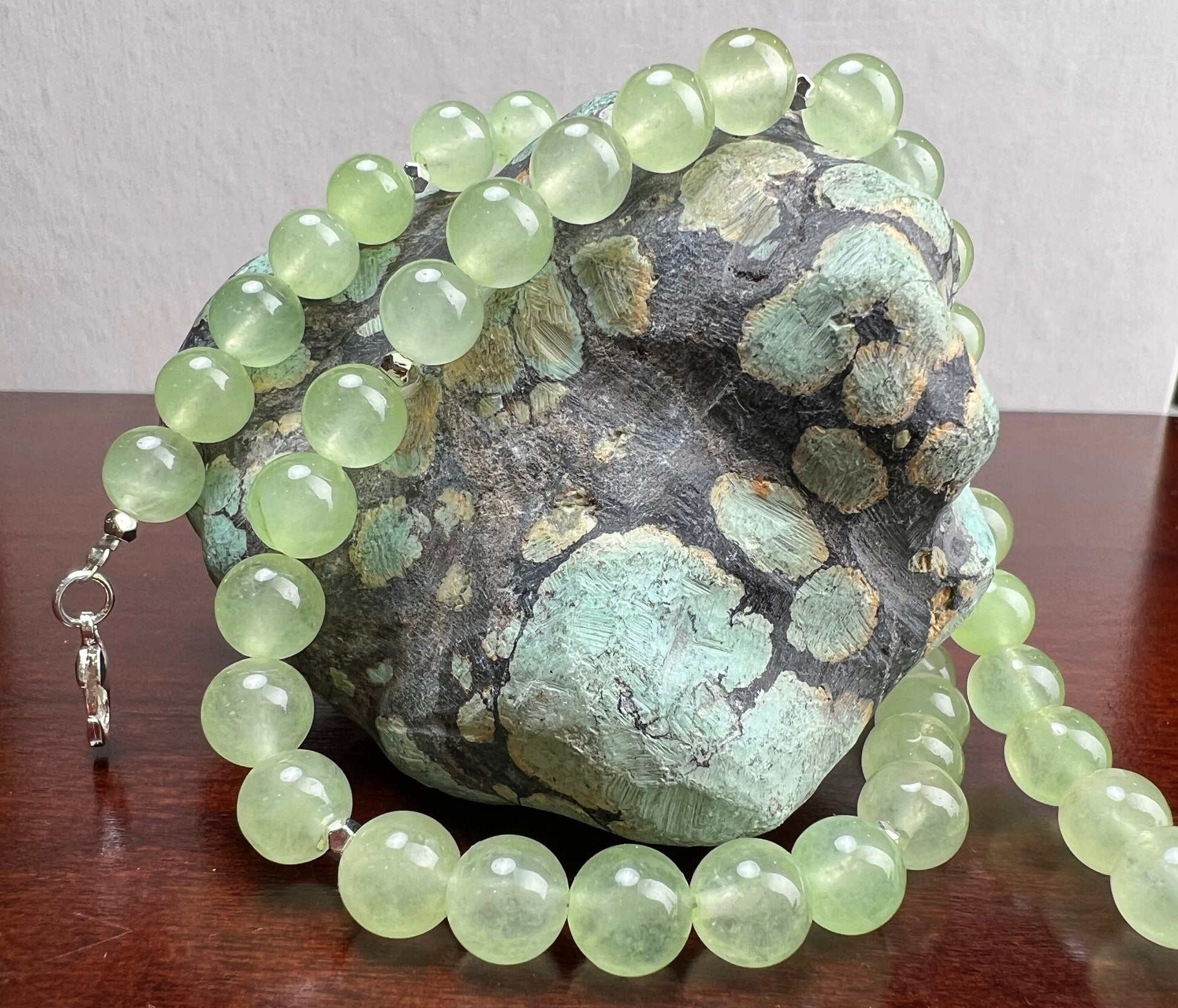 Mountain Jade Pastel Light Green 8mm smooth round Silver Necklace Choose from 16" to 34"