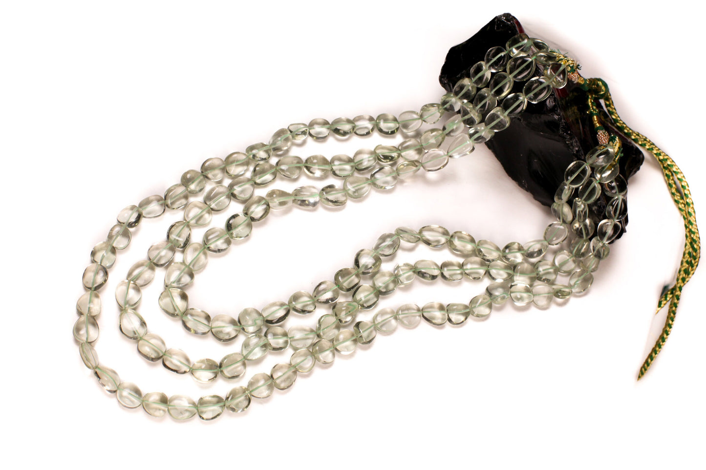 Natural Green Amethyst, Prasiolite Free Form Oval Gemstones 3 Line Threaded Adjustable Necklace 16"