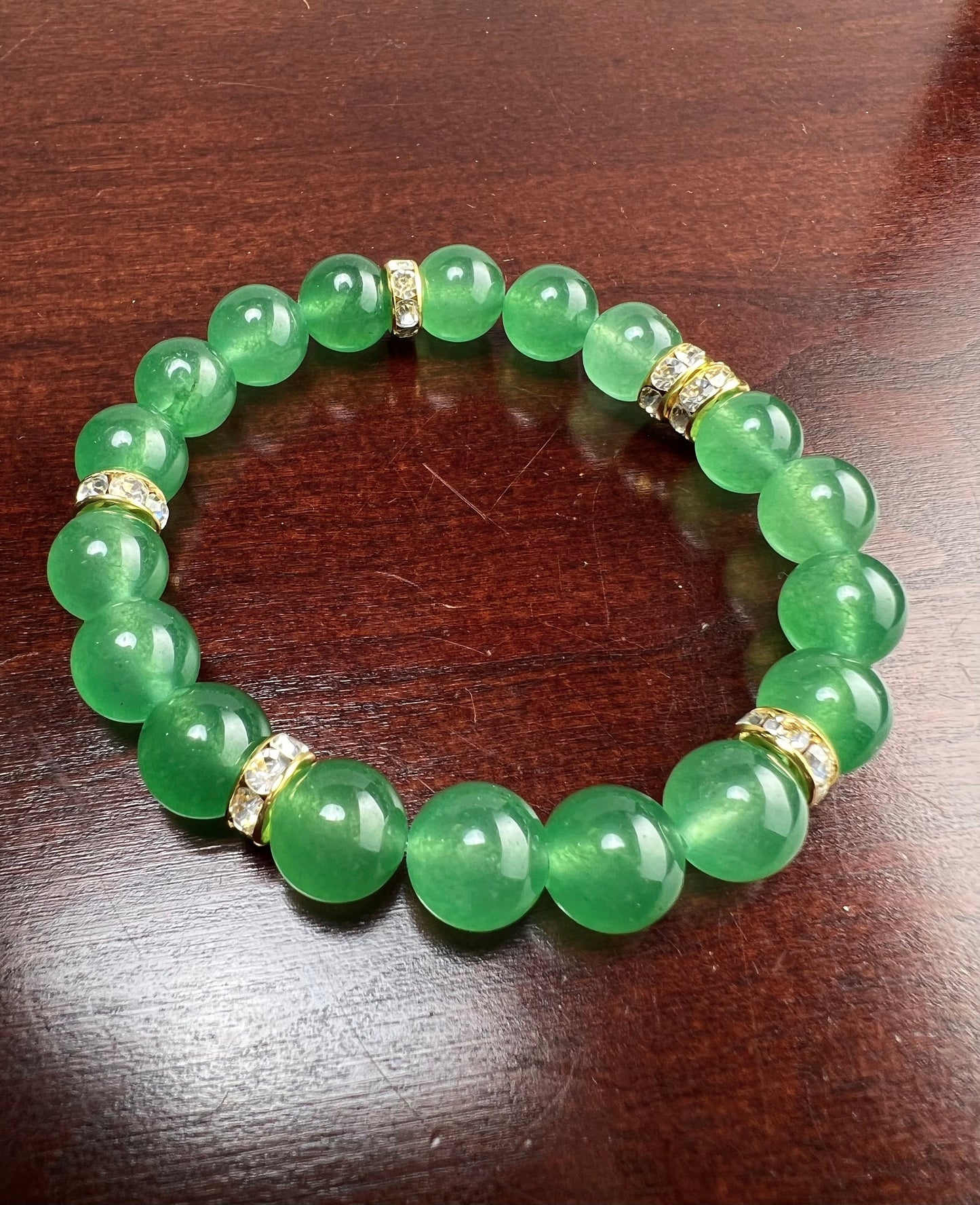 Green Aventurine 10mm smooth round bead , gold rhinestone roundel spacer stretchy bracelet Healing Gemstone .