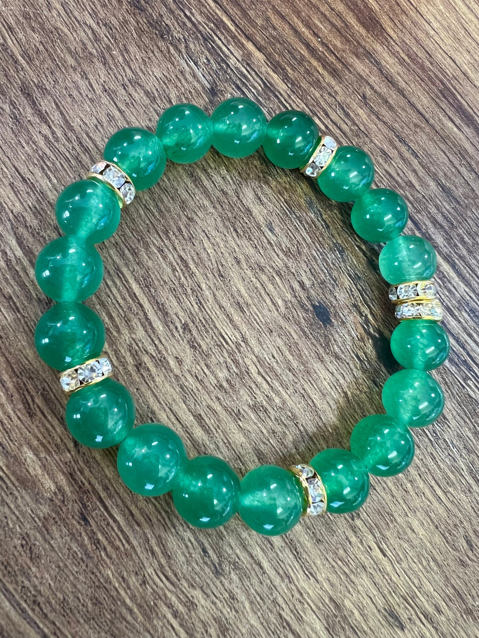 Green Aventurine 10mm smooth round bead , gold rhinestone roundel spacer stretchy bracelet Healing Gemstone .