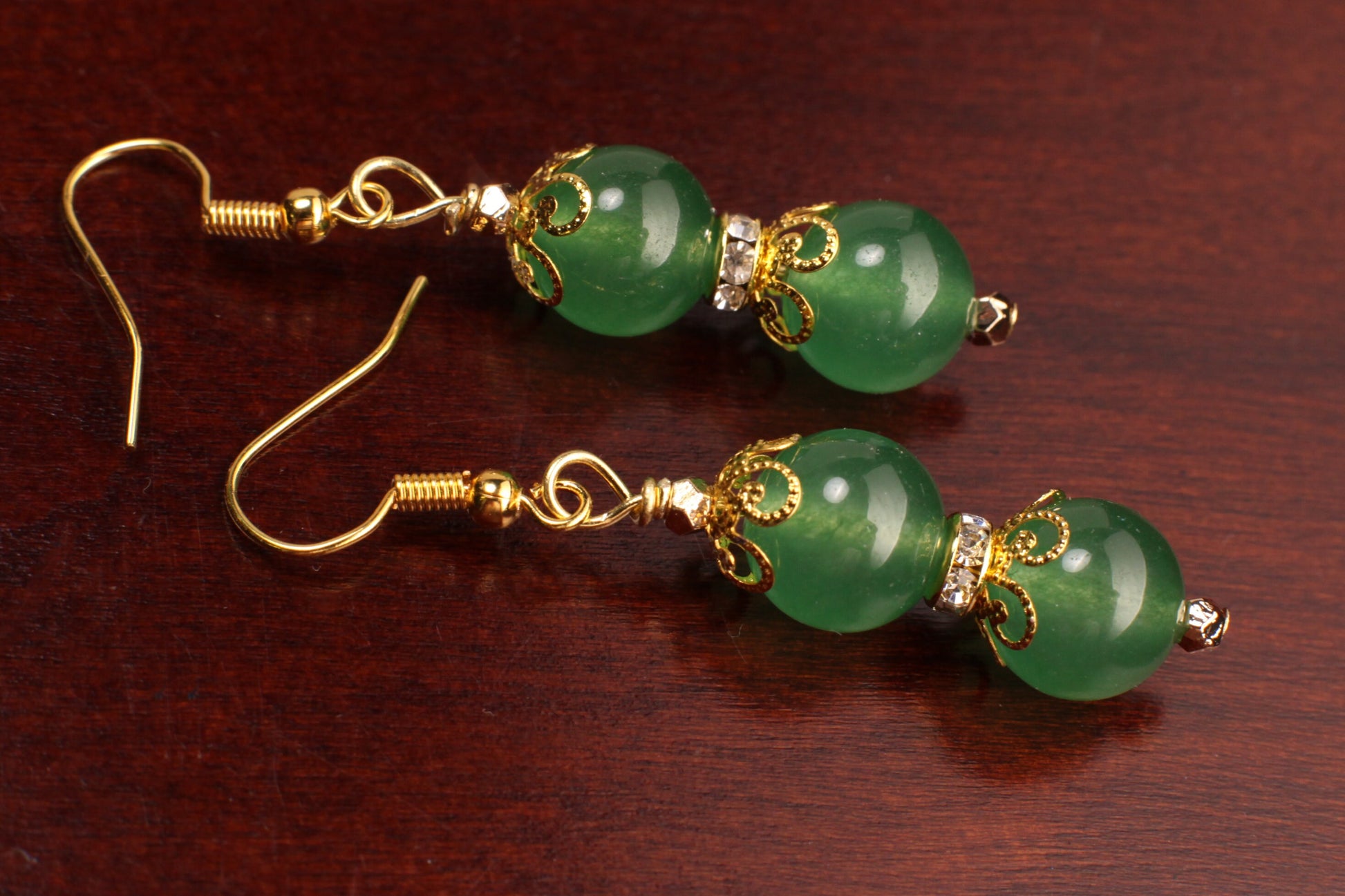 Green Aventurine 10mm smooth round rhinestone roundel wire wrapped Bali style bead cap gold handmade earrings, healing crystal