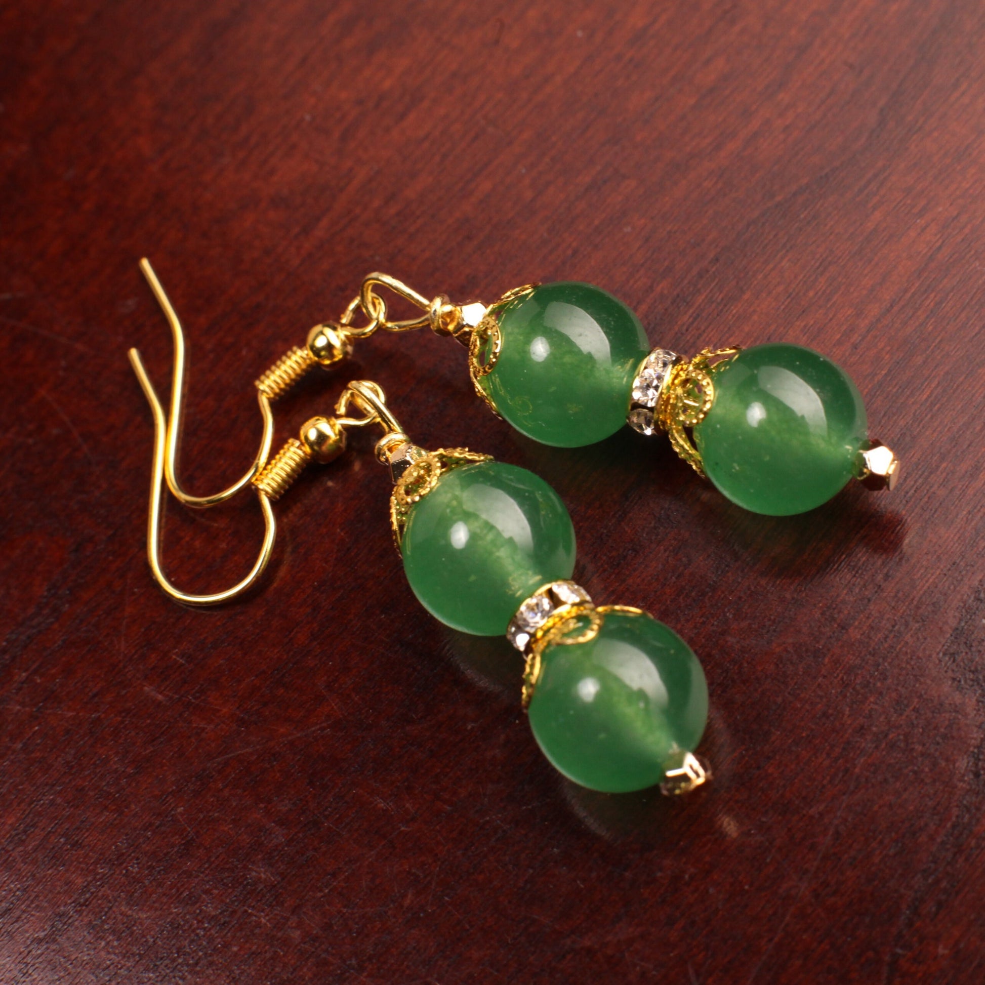 Green Aventurine 10mm smooth round rhinestone roundel wire wrapped Bali style bead cap gold handmade earrings, healing crystal