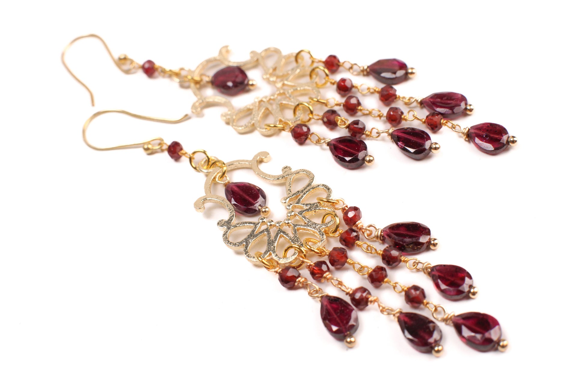 Genuine Garnet Dangling Wire Wrapped Oval Chandelier in 14K Gold Vermeil Ear wire, January Birthstone, Precious Gift for her