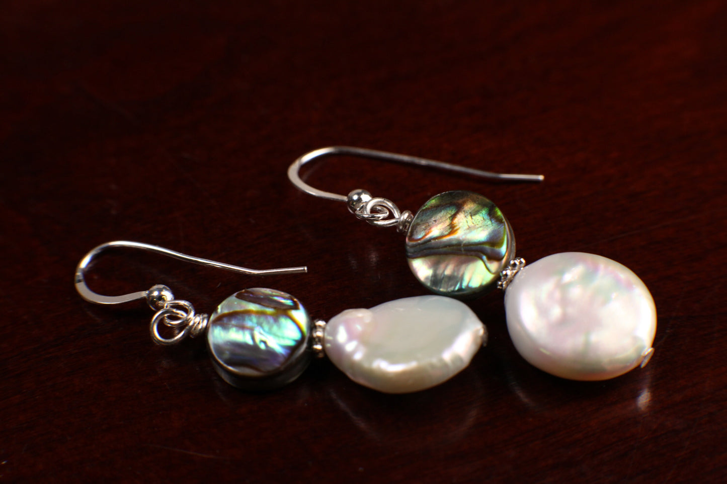 Freshwater Coin Pearl 13mm Dangle with Abalone Paua Natural Shell 925 Sterling Silver Earrings