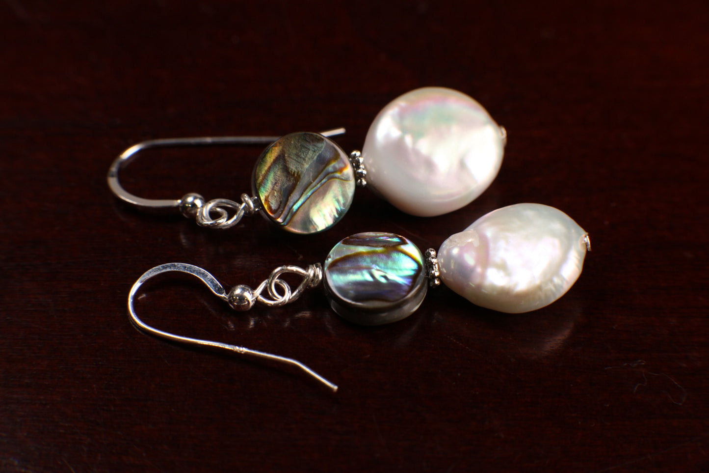 Freshwater Coin Pearl 13mm Dangle with Abalone Paua Natural Shell 925 Sterling Silver Earrings